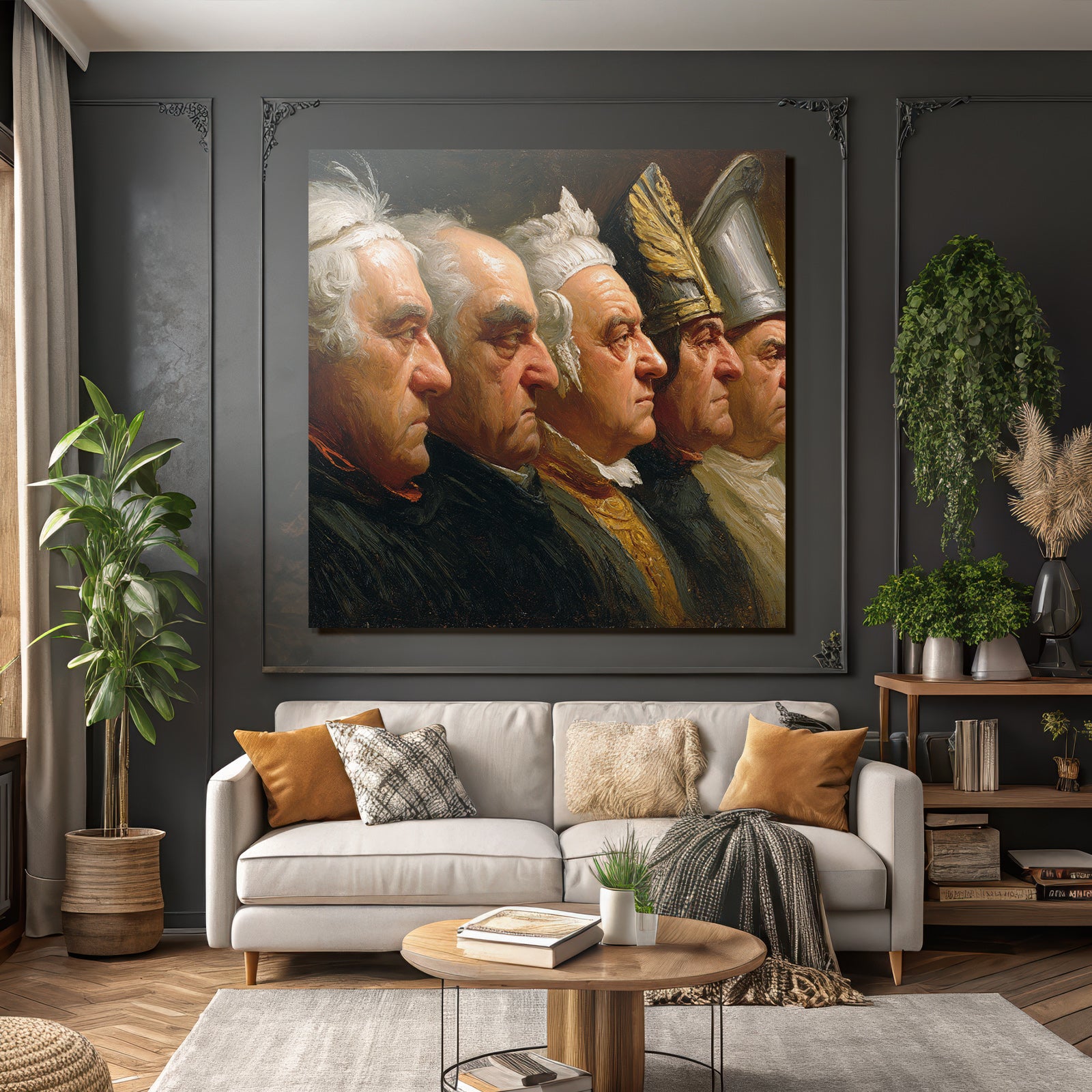 Five male figures in profile with historical clothing