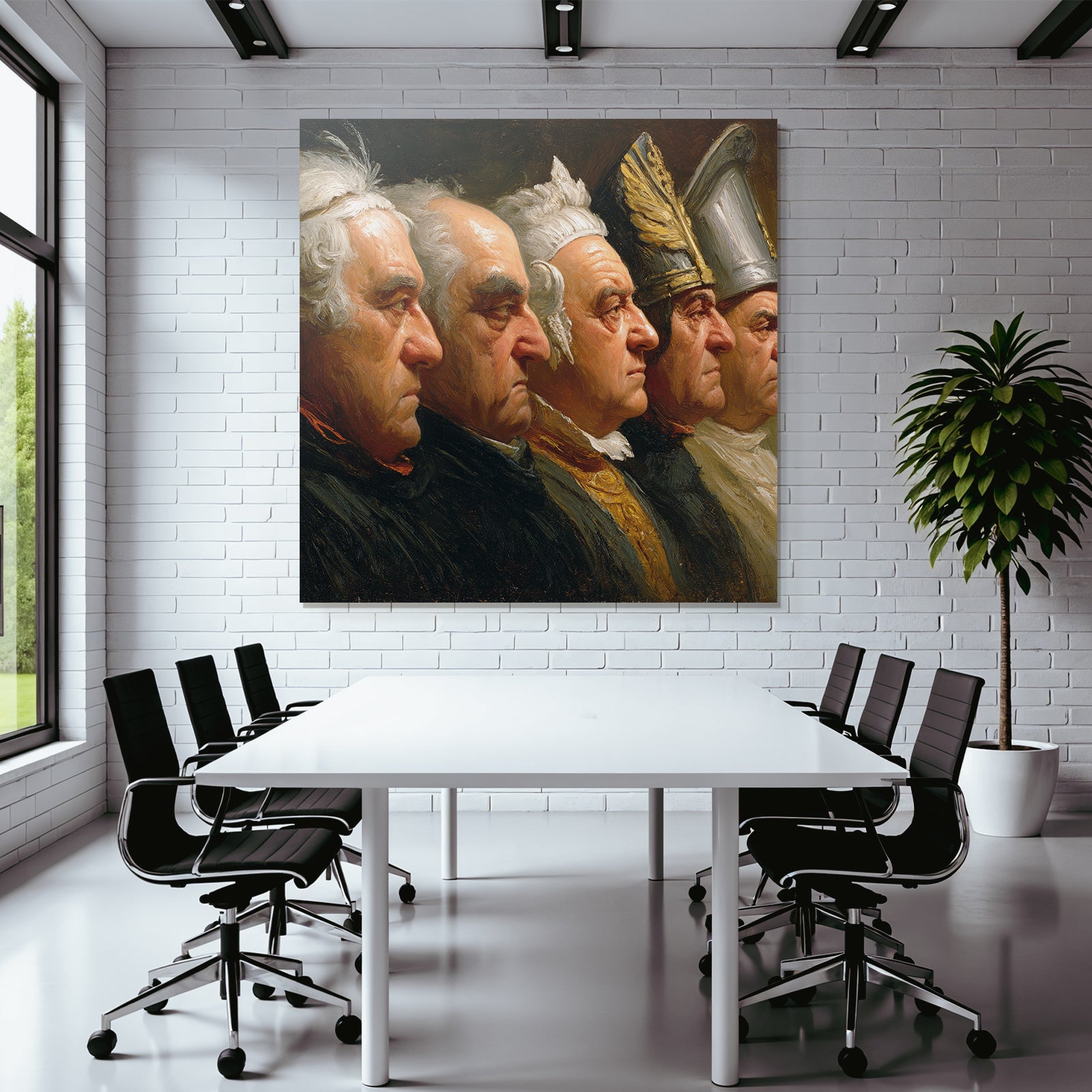 Five male figures in profile with historical clothing