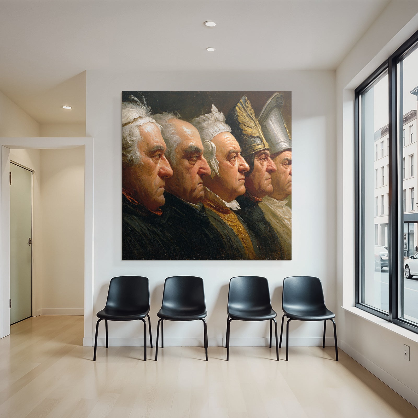 Five male figures in profile with historical clothing