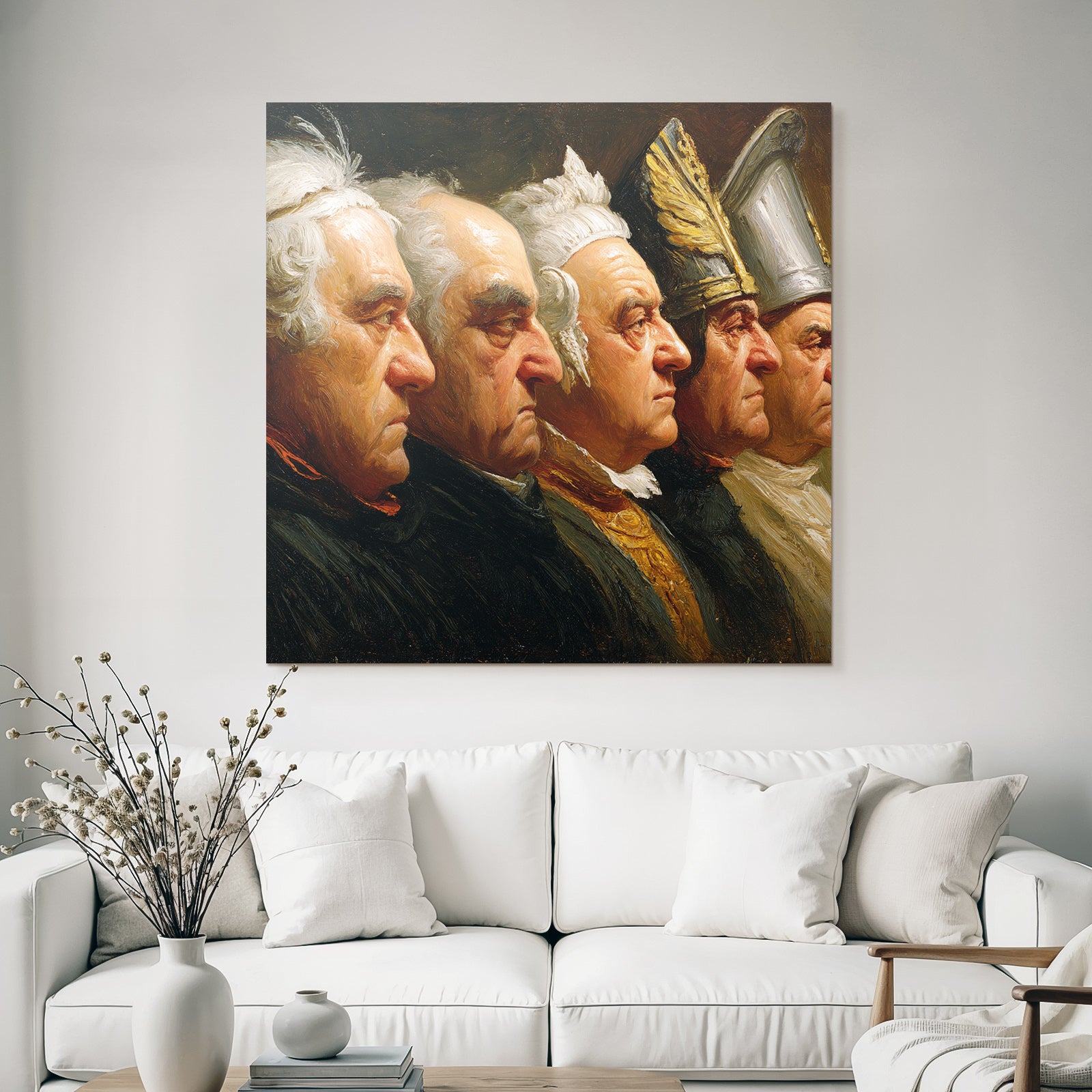 Five male figures in profile with historical clothing