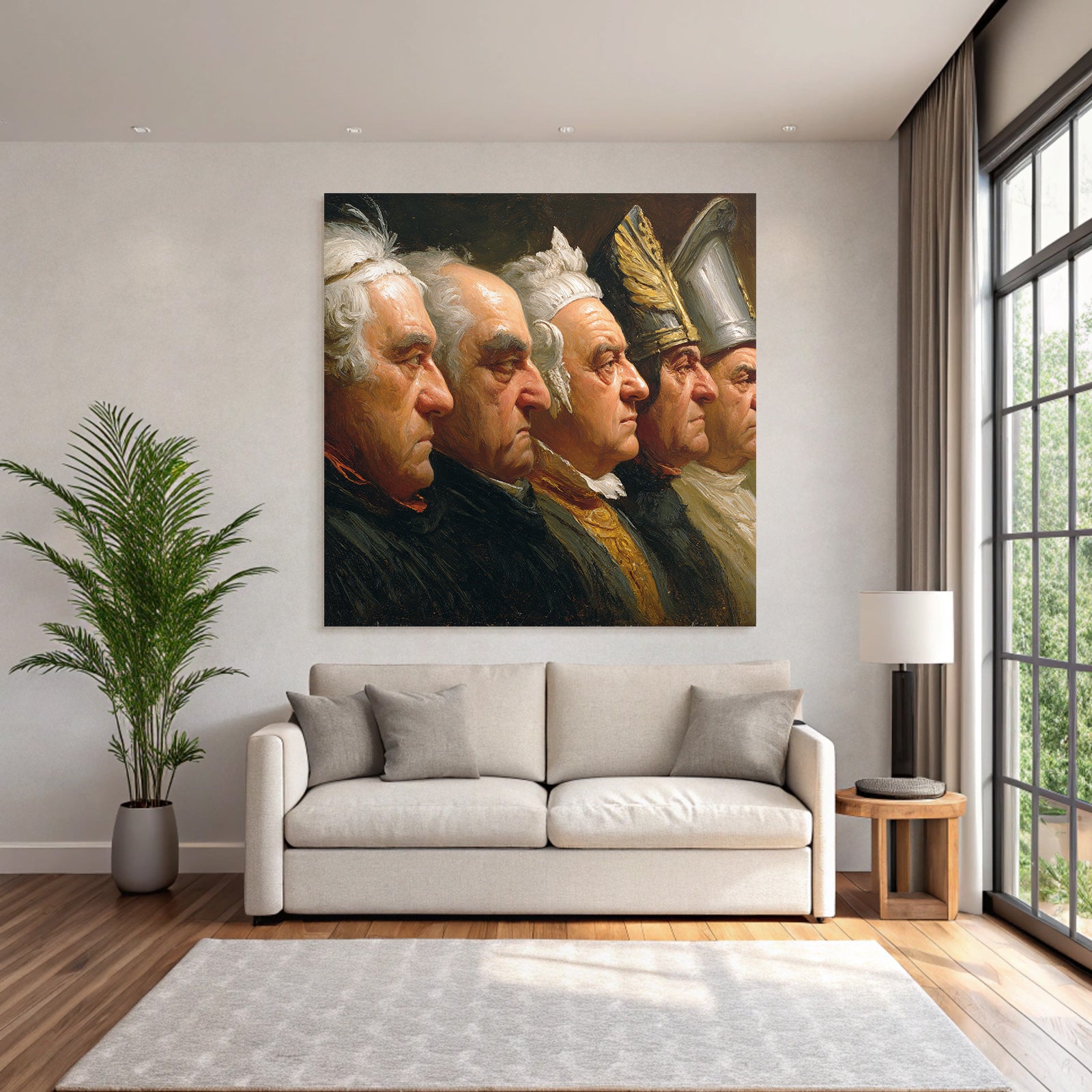 Five male figures in profile with historical clothing