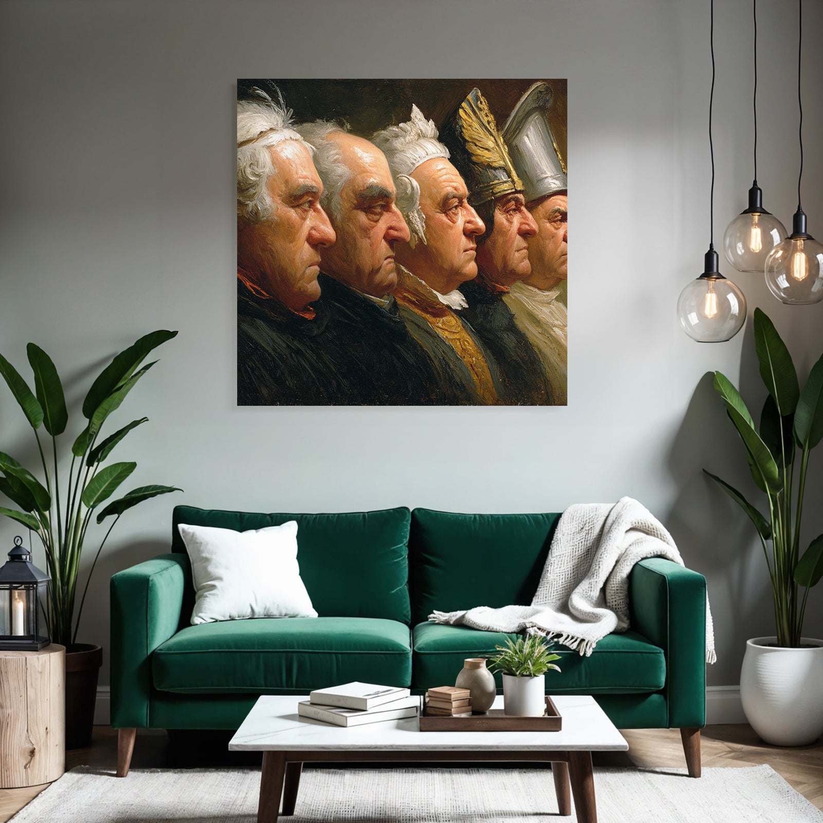 Five male figures in profile with historical clothing