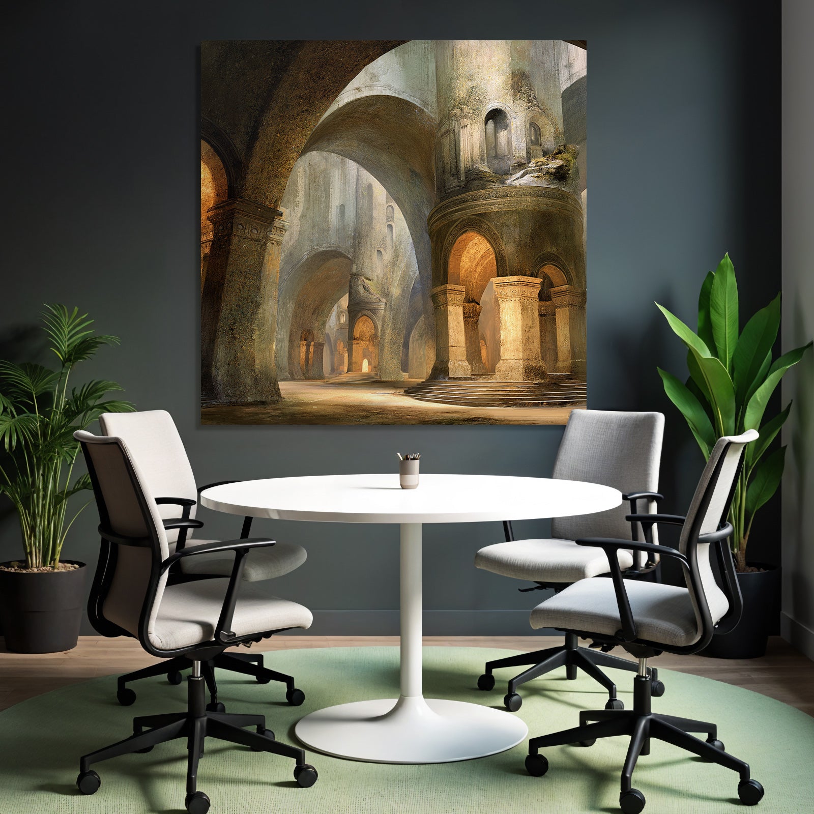 Large architectural space with ornamental arches and soft lighting