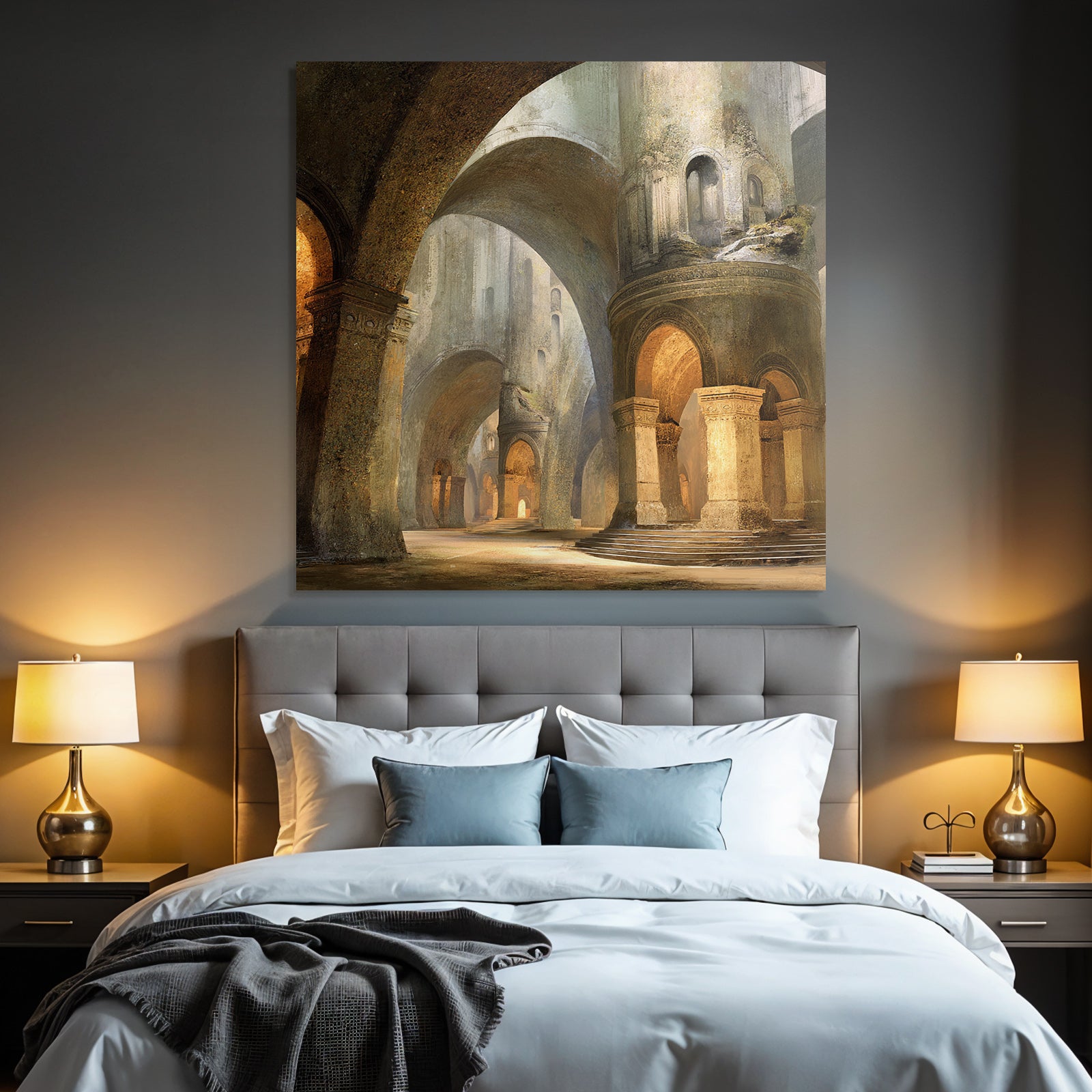Large architectural space with ornamental arches and soft lighting