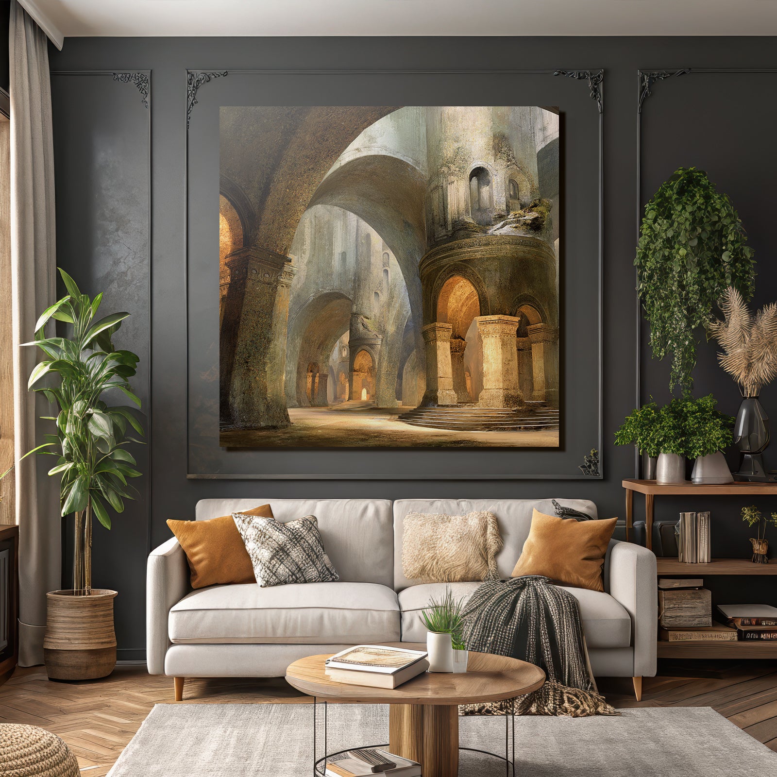 Large architectural space with ornamental arches and soft lighting