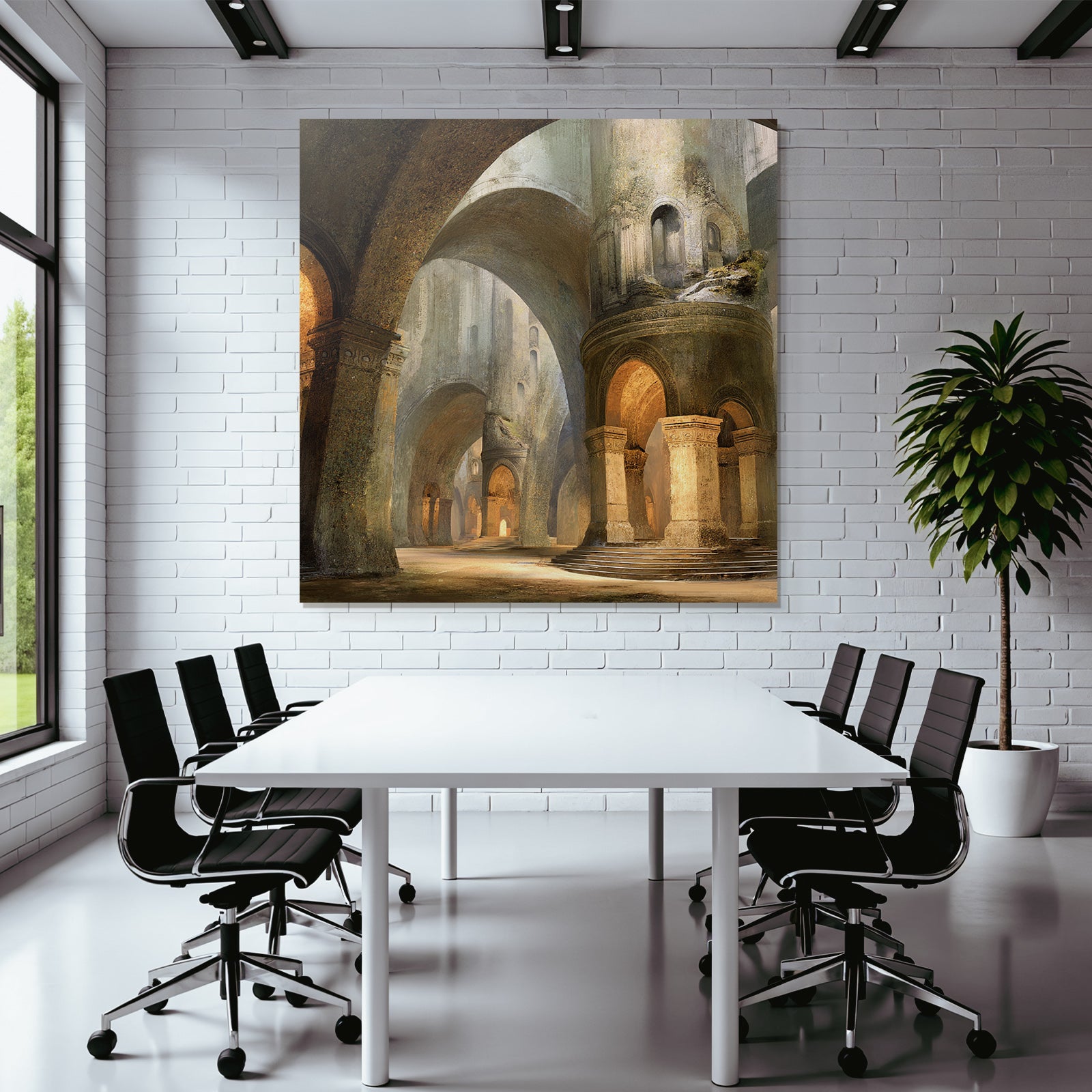 Large architectural space with ornamental arches and soft lighting