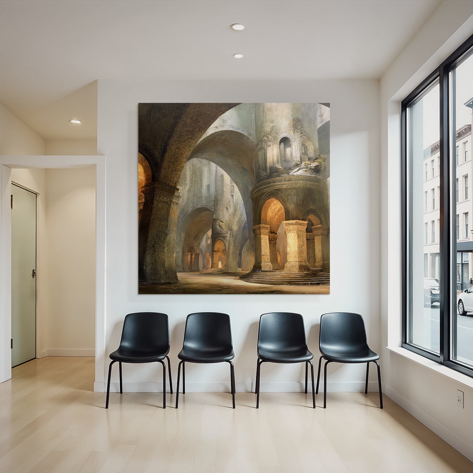 Large architectural space with ornamental arches and soft lighting