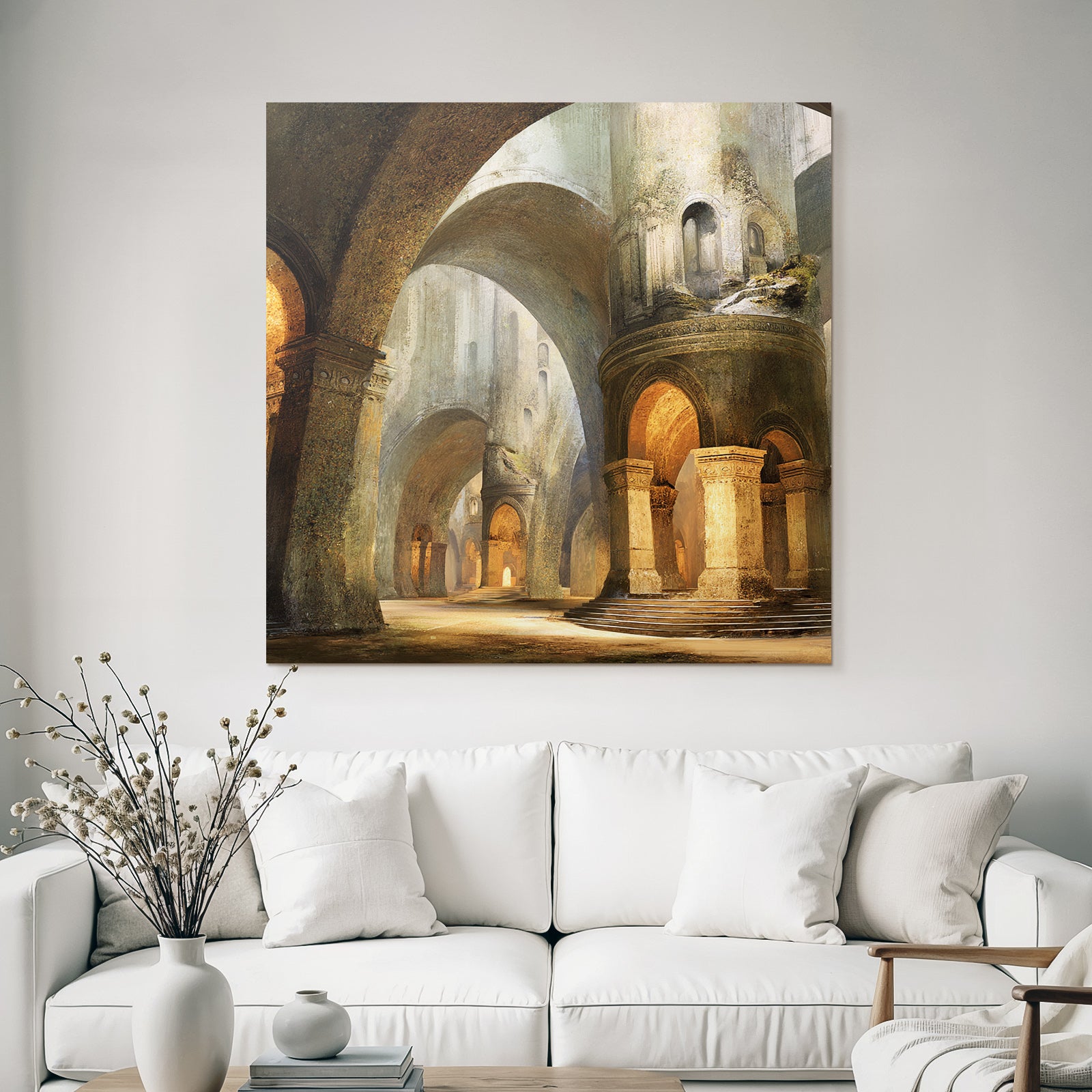 Large architectural space with ornamental arches and soft lighting