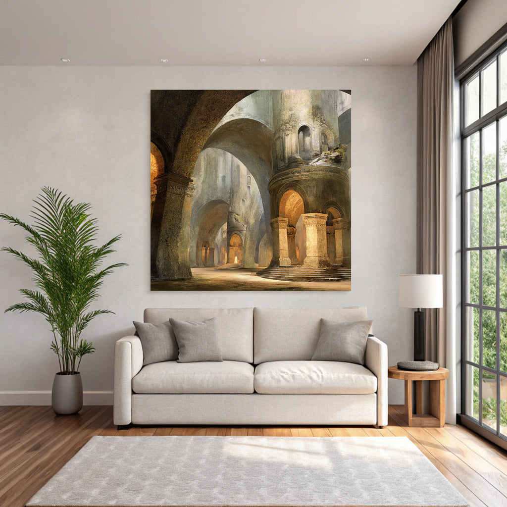 Large architectural space with ornamental arches and soft lighting