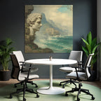 Large Sculpted Head Picturesque Coastal Landscape With Mountains And Waves