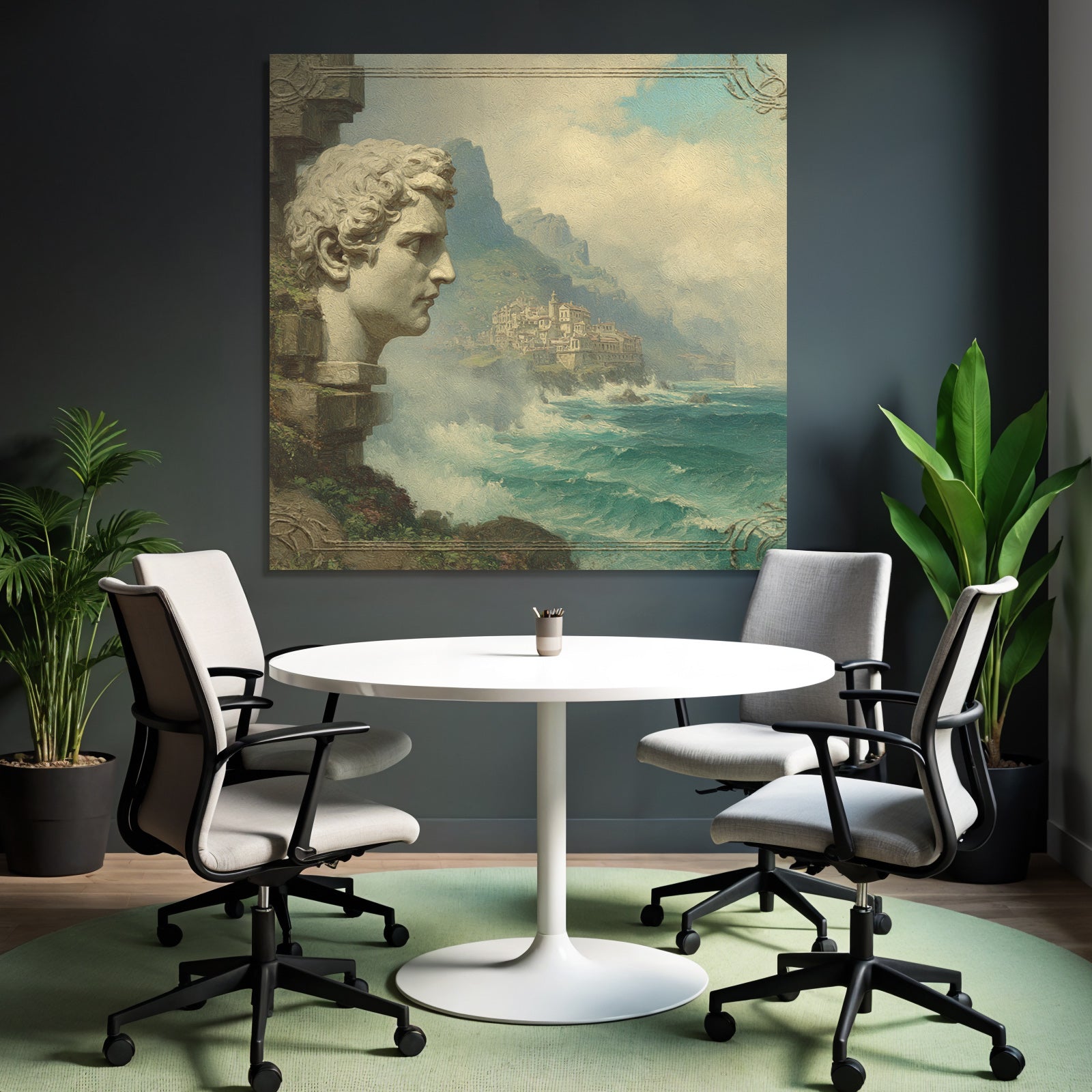 Large Sculpted Head Picturesque Coastal Landscape With Mountains And Waves