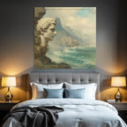 Large Sculpted Head Picturesque Coastal Landscape With Mountains And Waves