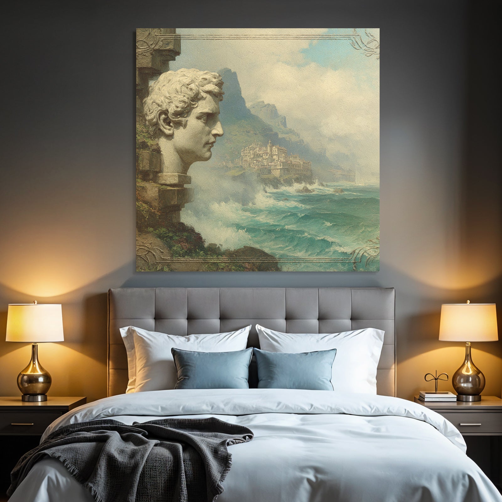 Large Sculpted Head Picturesque Coastal Landscape With Mountains And Waves