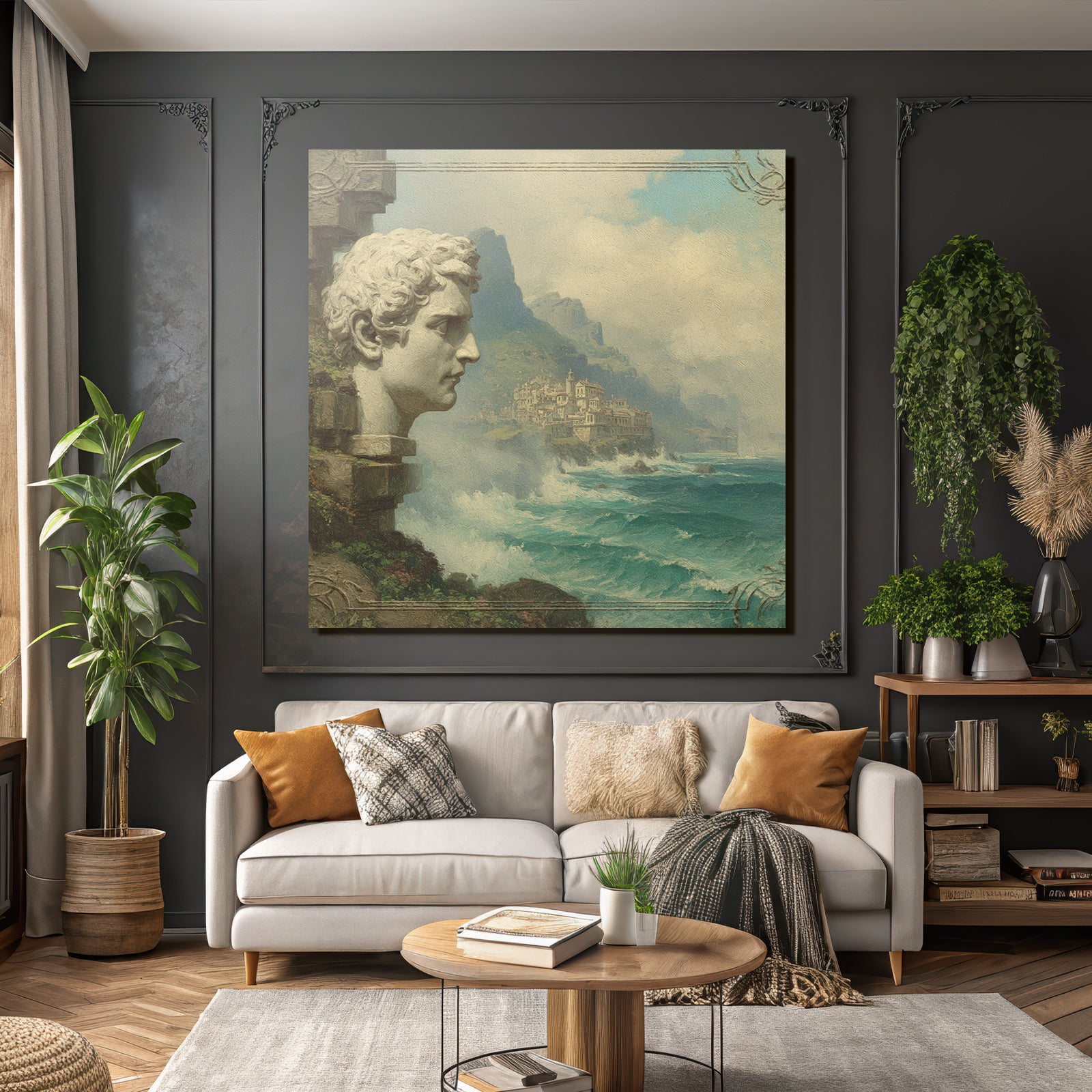 Large Sculpted Head Picturesque Coastal Landscape With Mountains And Waves
