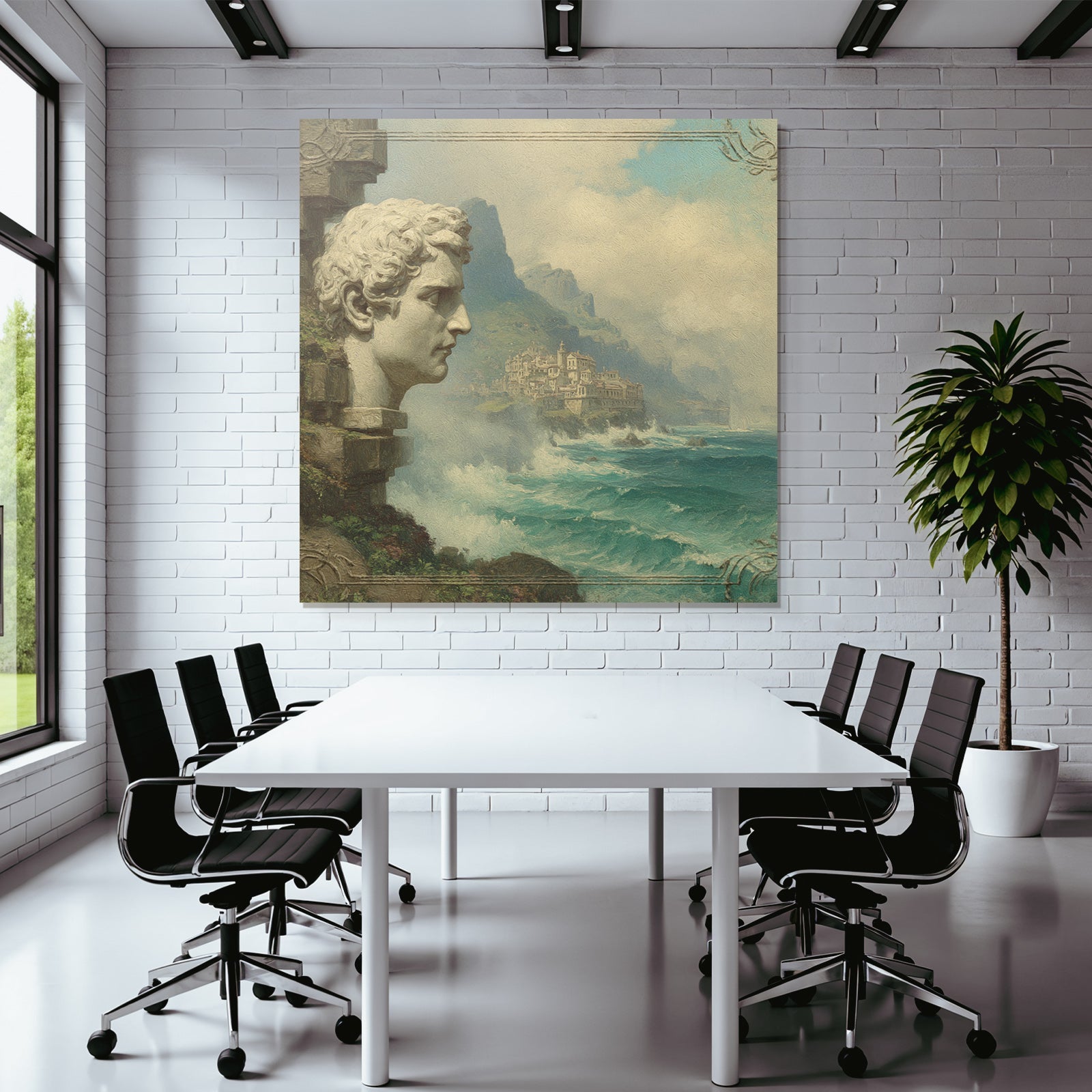 Large Sculpted Head Picturesque Coastal Landscape With Mountains And Waves
