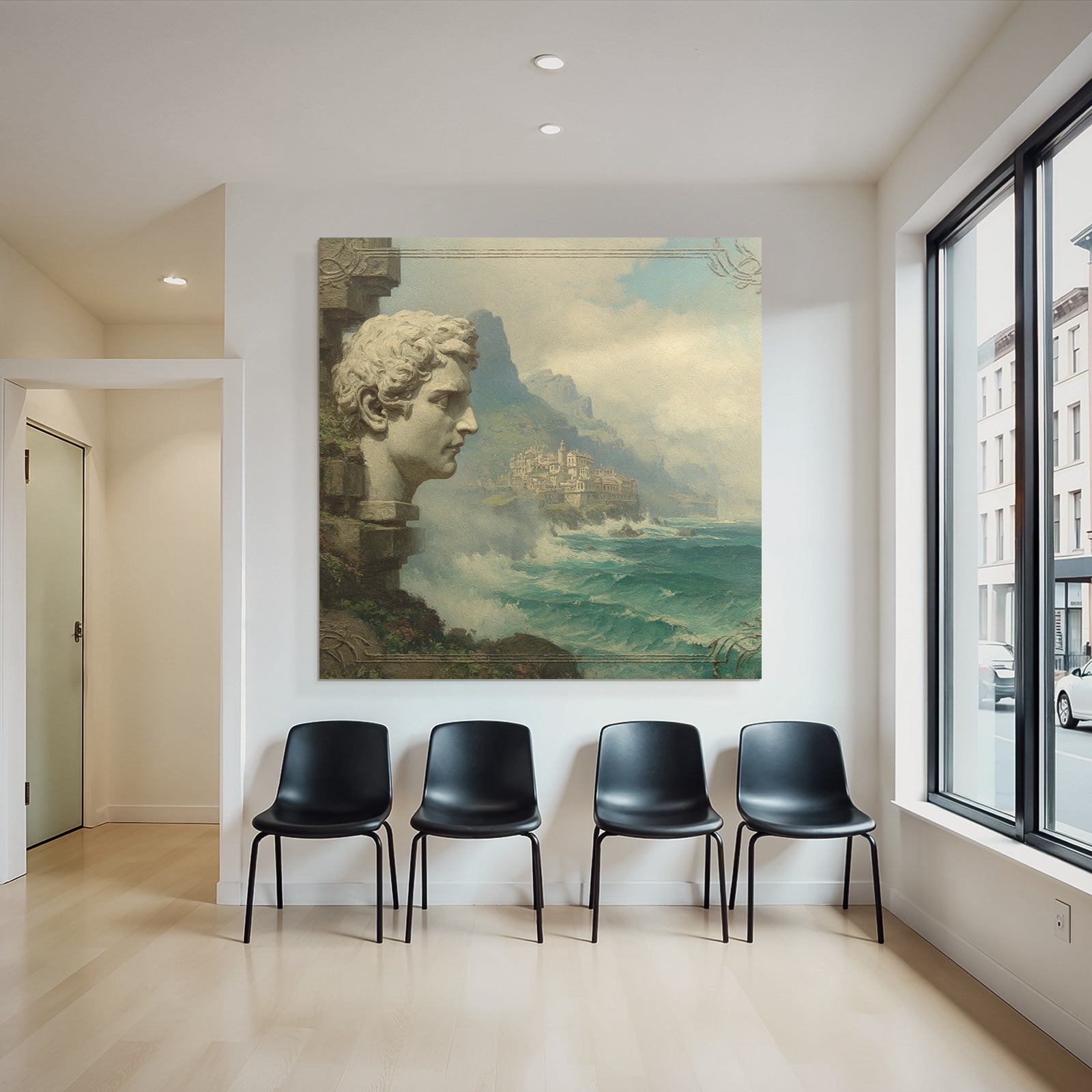 Large Sculpted Head Picturesque Coastal Landscape With Mountains And Waves