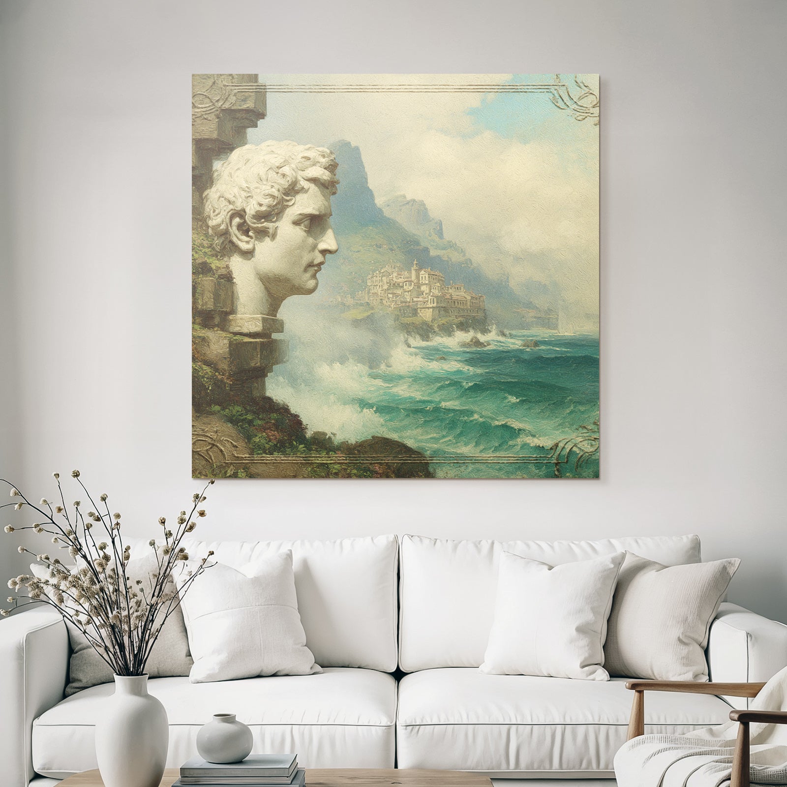 Large Sculpted Head Picturesque Coastal Landscape With Mountains And Waves