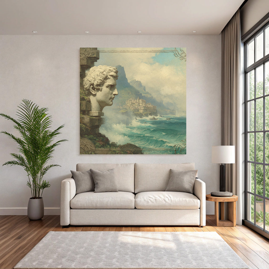 Large Sculpted Head Picturesque Coastal Landscape With Mountains And Waves