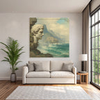 Large Sculpted Head Picturesque Coastal Landscape With Mountains And Waves