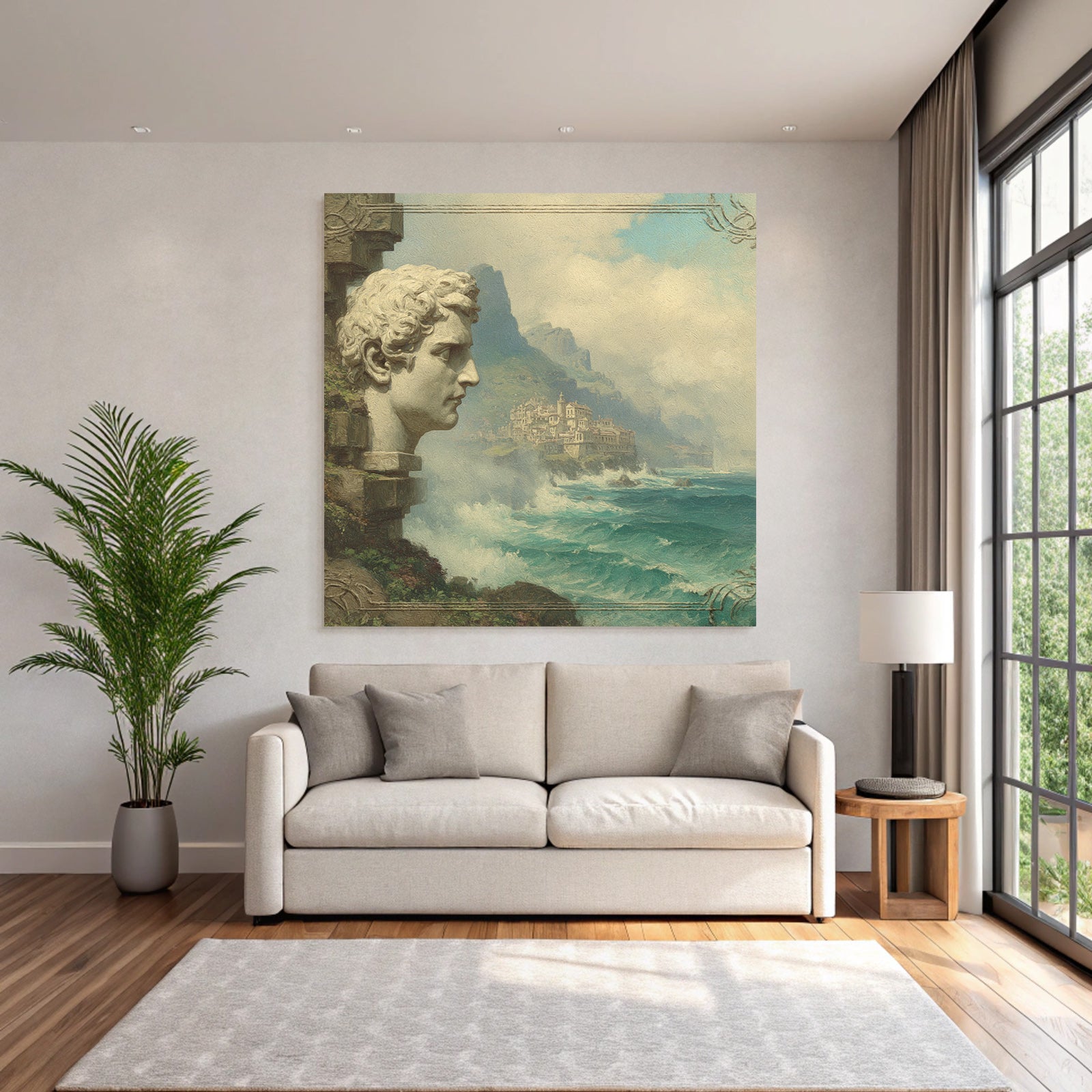 Large Sculpted Head Picturesque Coastal Landscape With Mountains And Waves