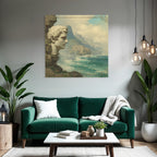 Large Sculpted Head Picturesque Coastal Landscape With Mountains And Waves