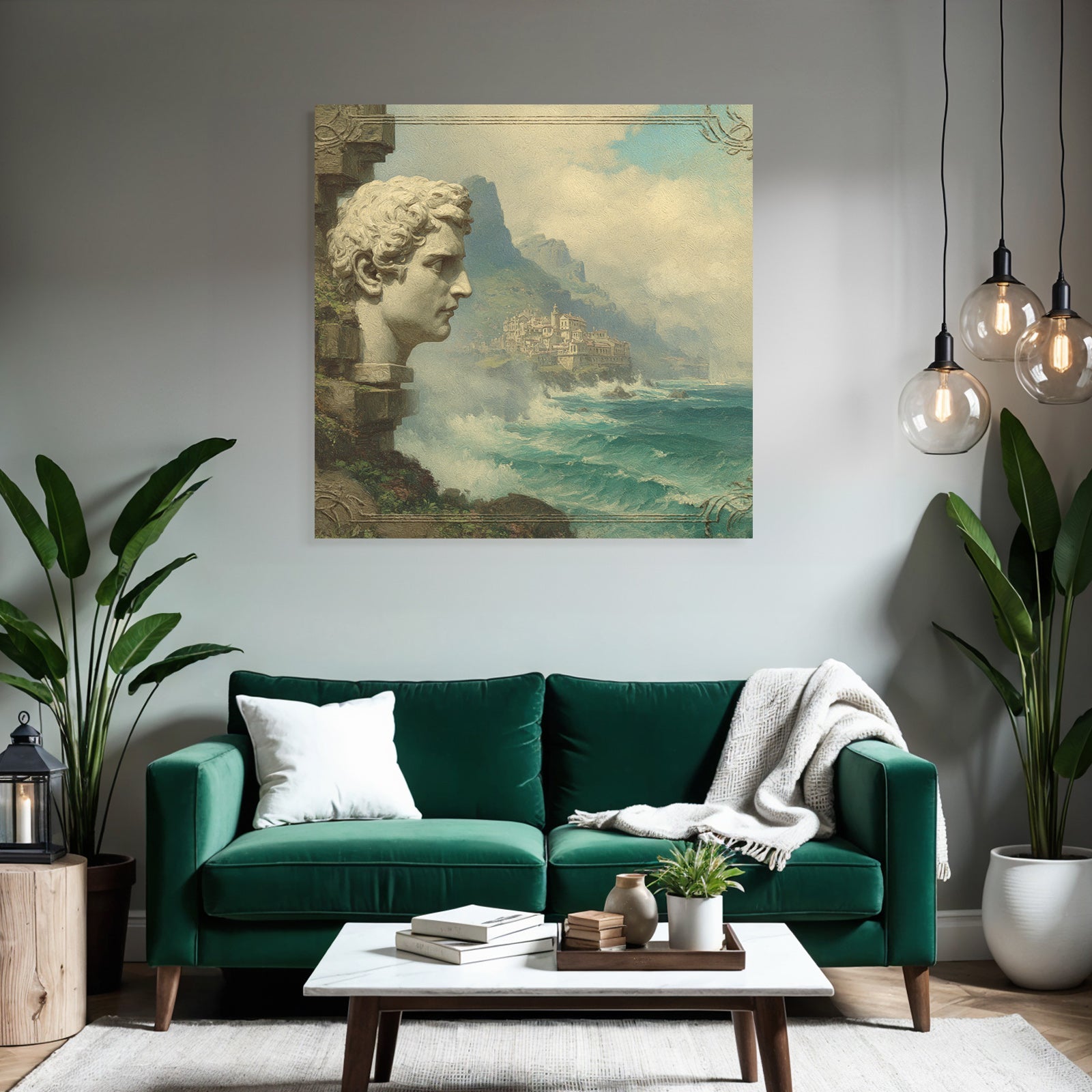 Large Sculpted Head Picturesque Coastal Landscape With Mountains And Waves