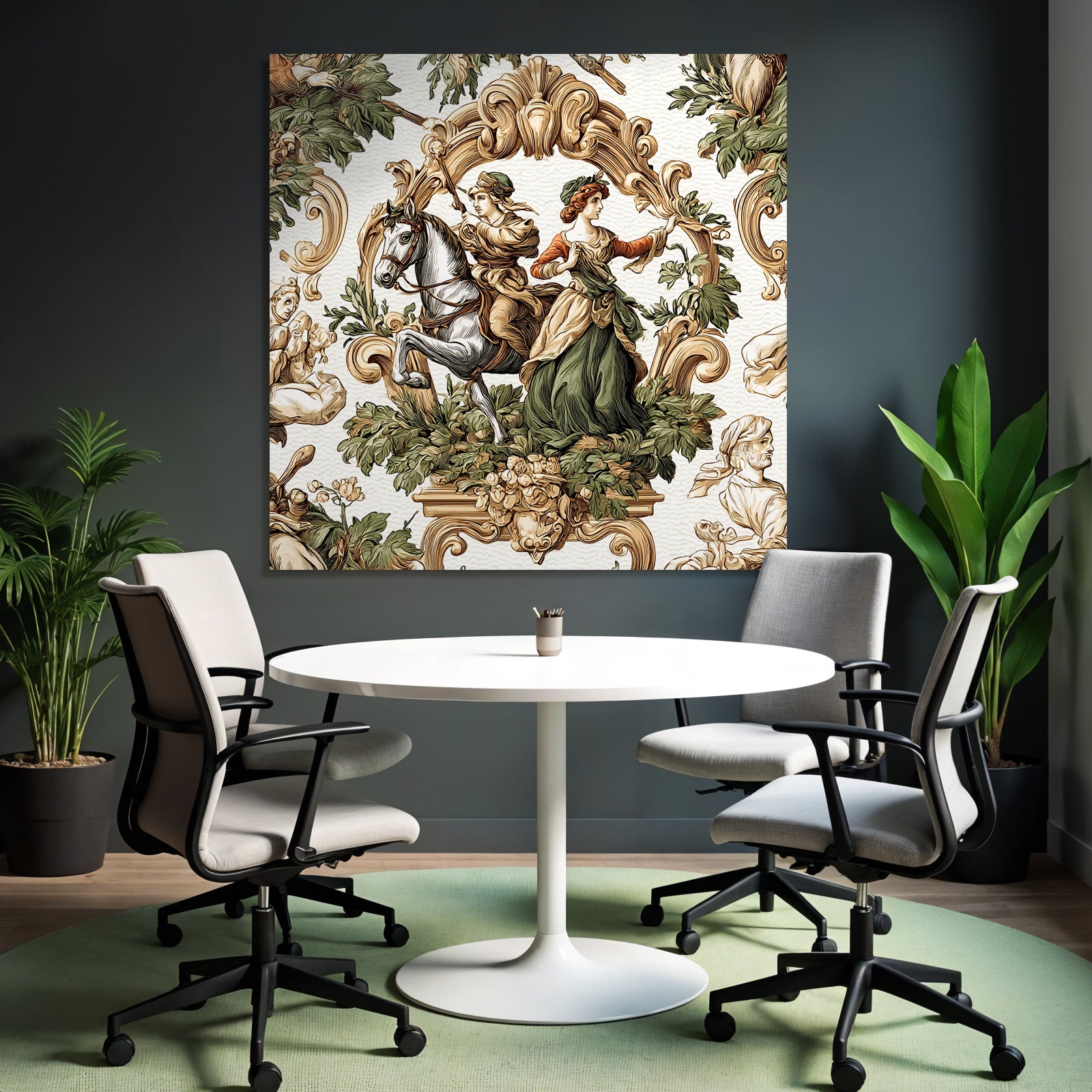 Historical Scene Rider and Woman with Flora Decorative Artwork
