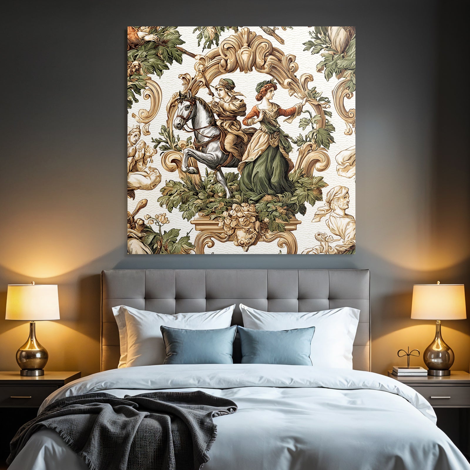Historical Scene Rider and Woman with Flora Decorative Artwork