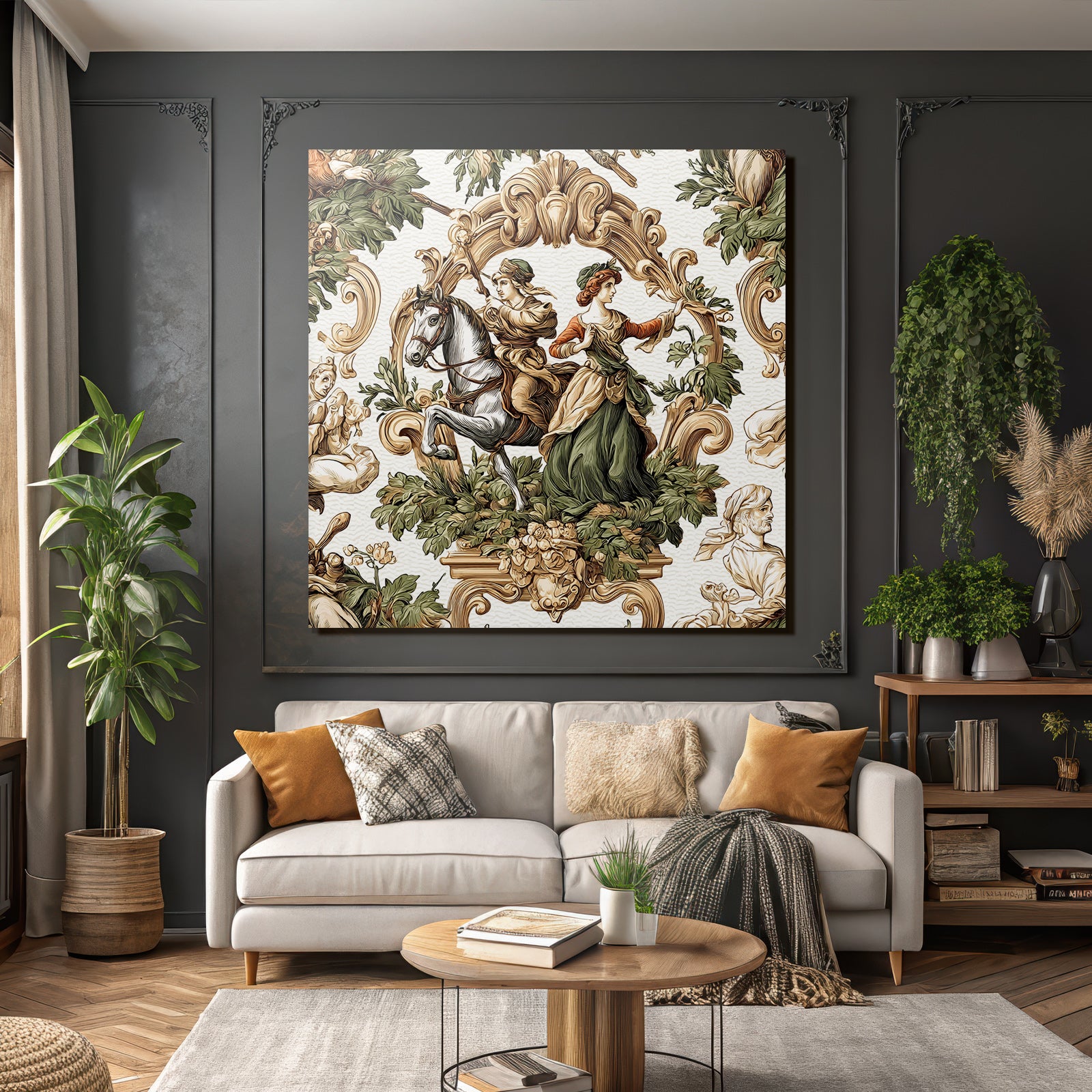 Historical Scene Rider and Woman with Flora Decorative Artwork