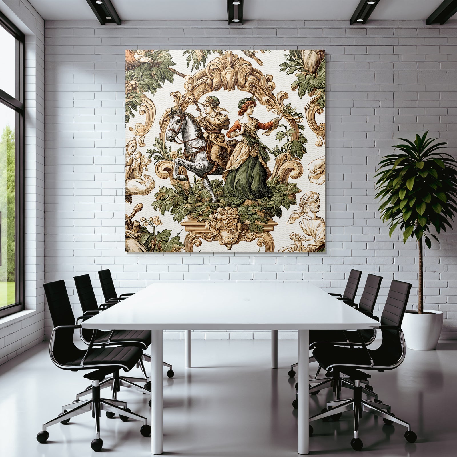 Historical Scene Rider and Woman with Flora Decorative Artwork
