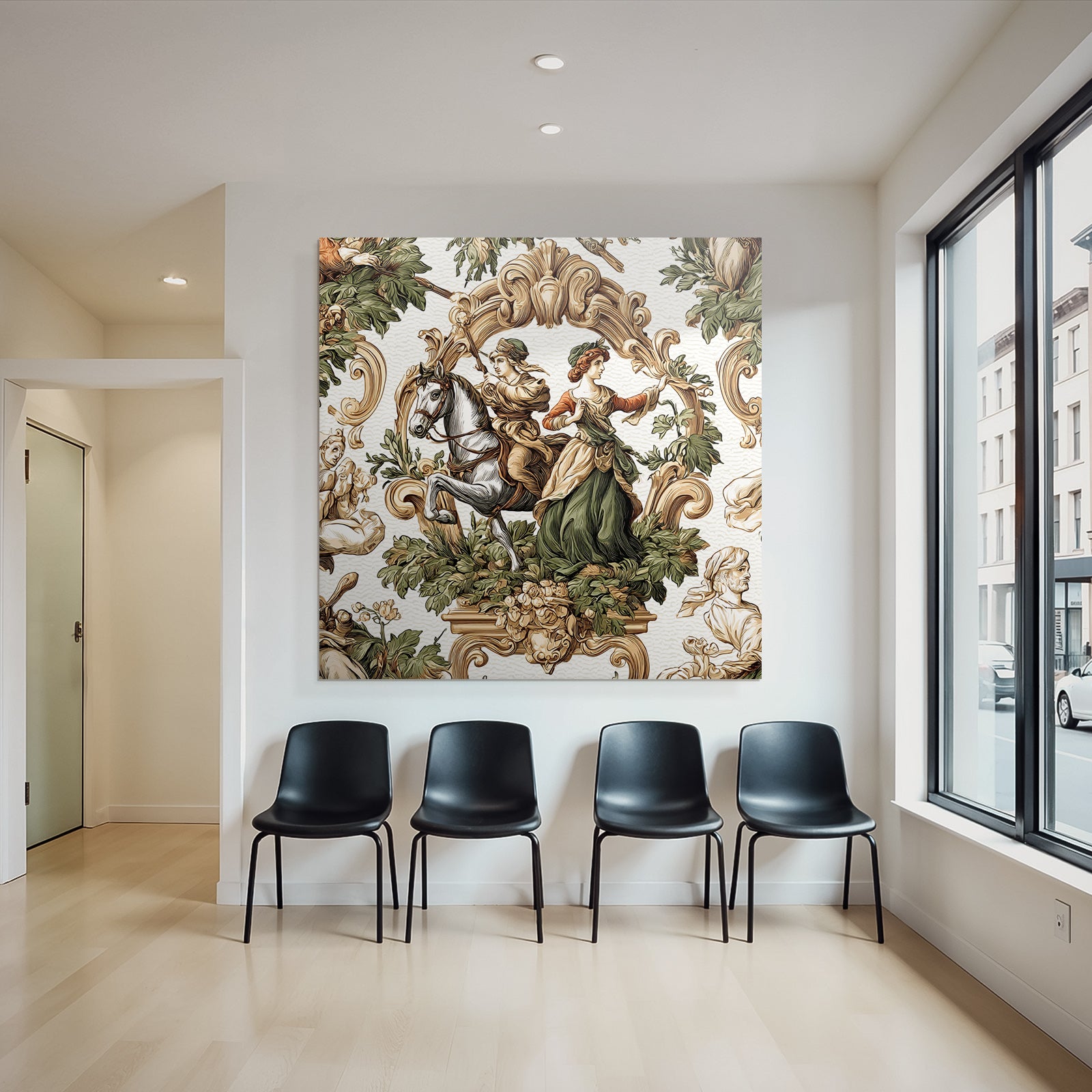 Historical Scene Rider and Woman with Flora Decorative Artwork
