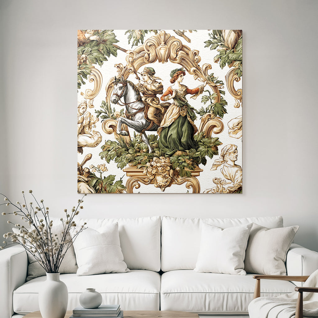 Historical Scene Rider and Woman with Flora Decorative Artwork
