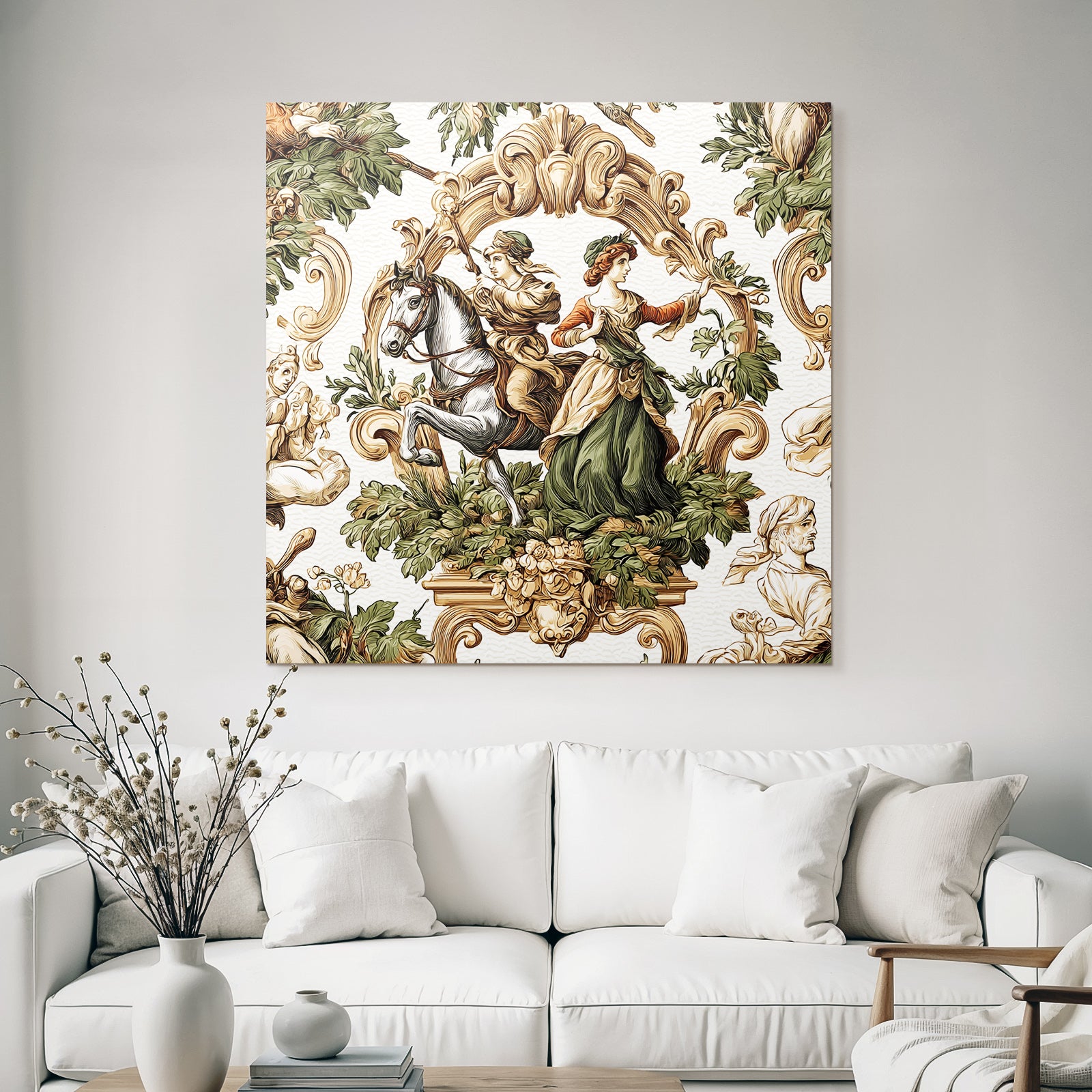 Historical Scene Rider and Woman with Flora Decorative Artwork