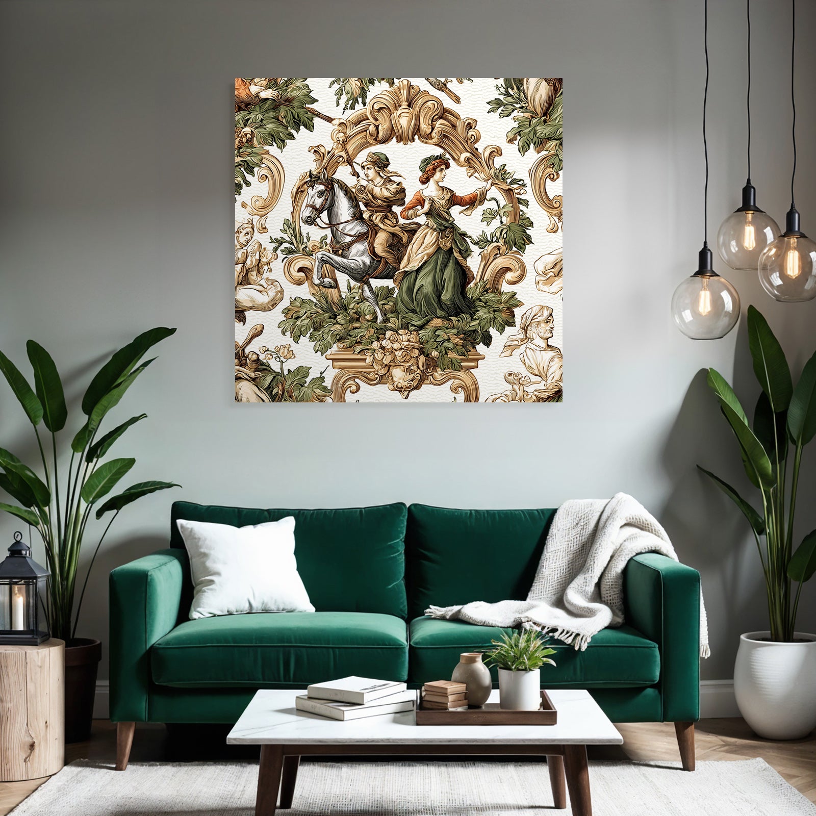 Historical Scene Rider and Woman with Flora Decorative Artwork