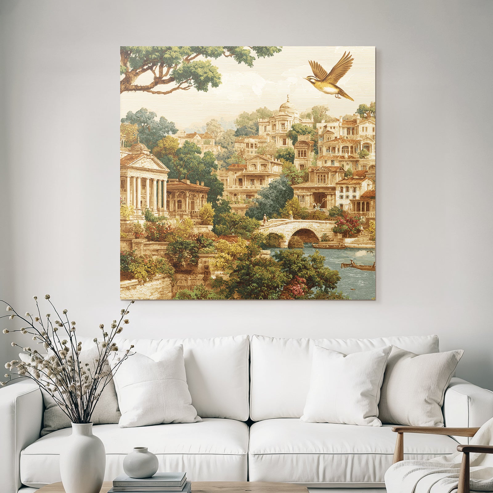 Idyllic landscape with architecture and water with bridge