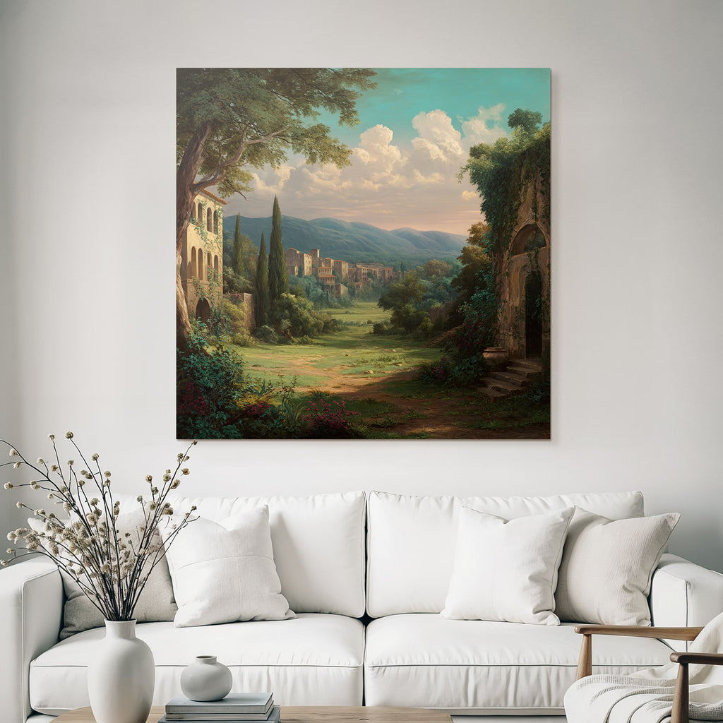 Idyllic Landscape With Hills Valley And Old Town