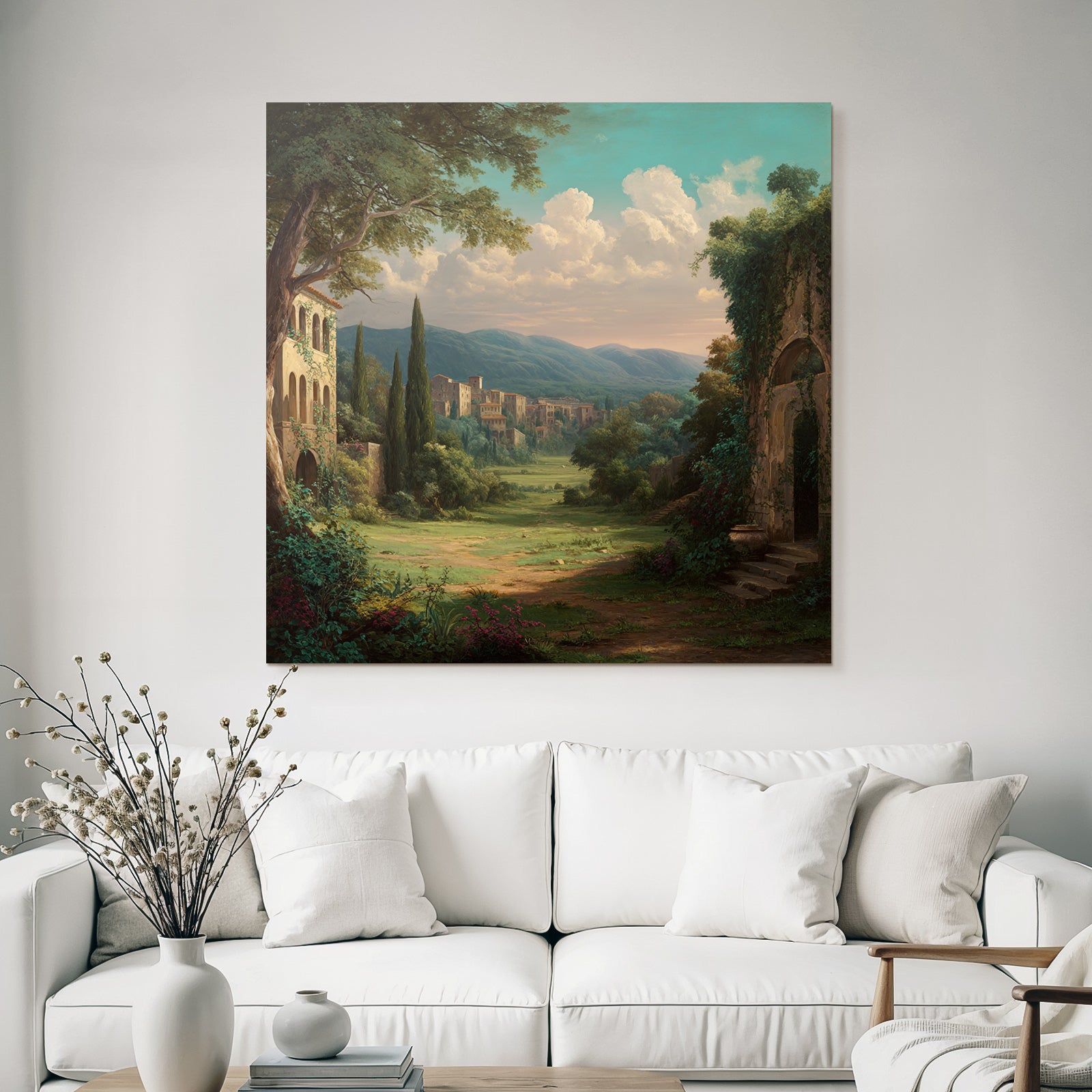 Idyllic Landscape With Hills Valley And Old Town