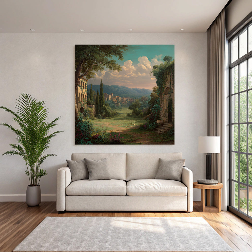 Idyllic Landscape With Hills Valley And Old Town