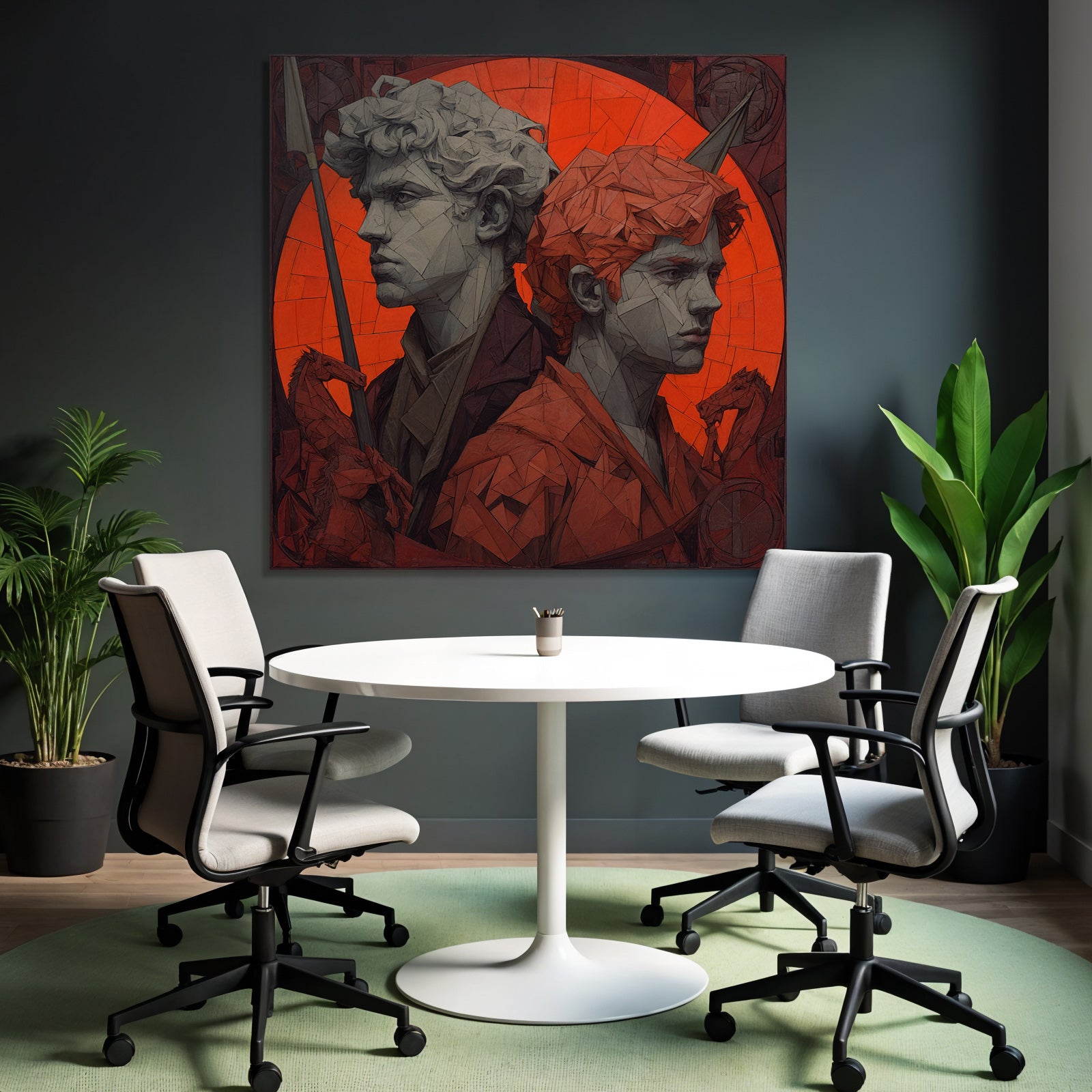 Young Male Figures Geometric Design Drama Red Background Bold Modern