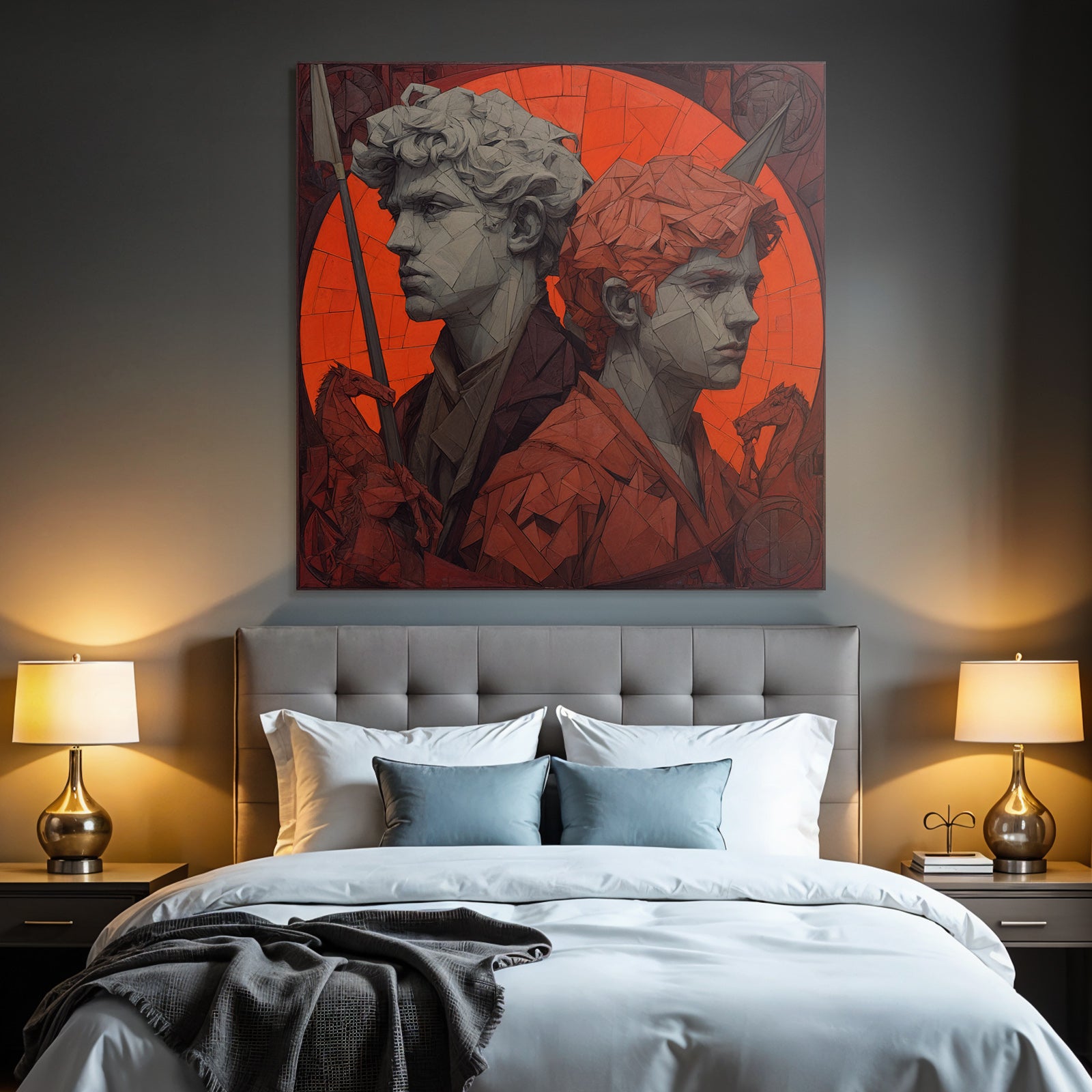 Young Male Figures Geometric Design Drama Red Background Bold Modern