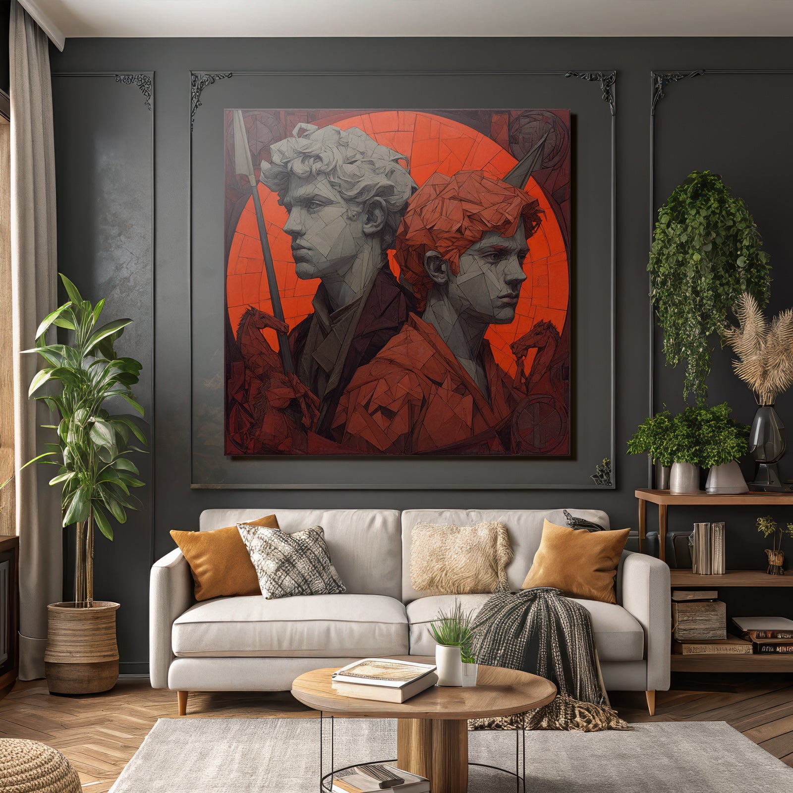 Young Male Figures Geometric Design Drama Red Background Bold Modern