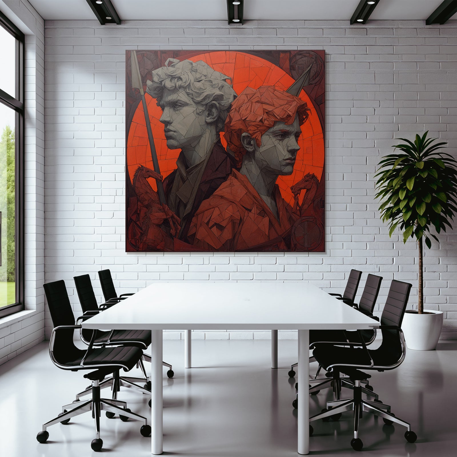 Young Male Figures Geometric Design Drama Red Background Bold Modern