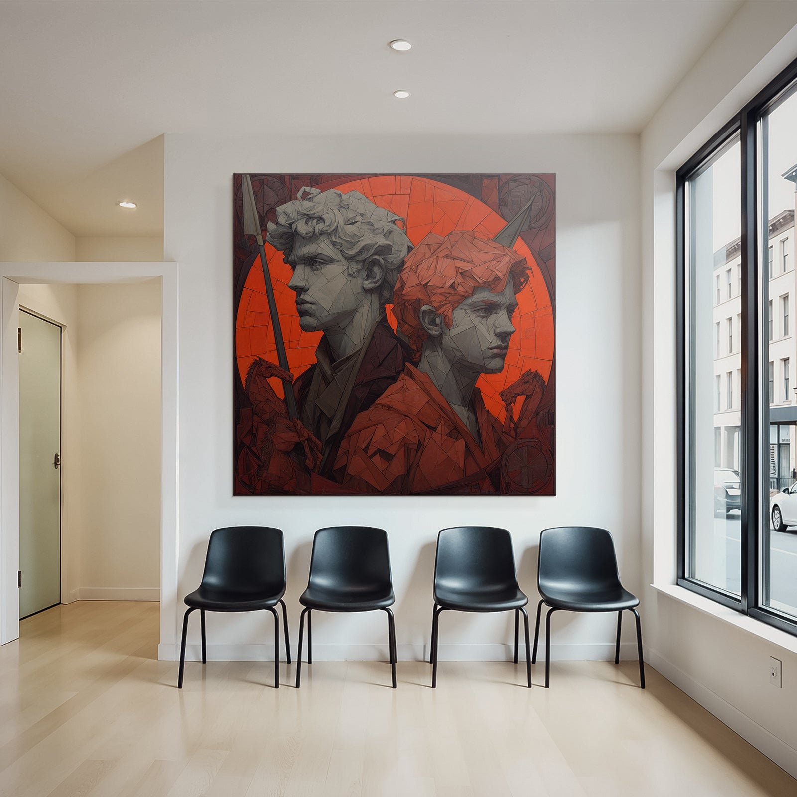 Young Male Figures Geometric Design Drama Red Background Bold Modern