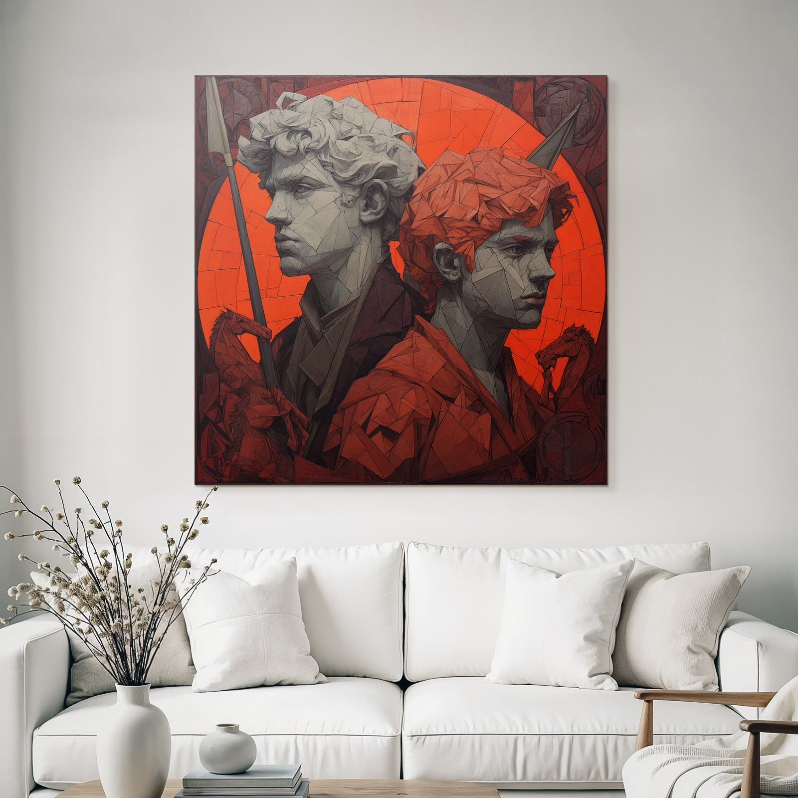 Young Male Figures Geometric Design Drama Red Background Bold Modern