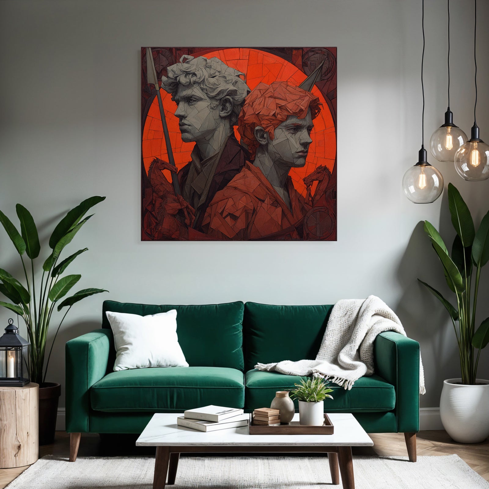 Young Male Figures Geometric Design Drama Red Background Bold Modern