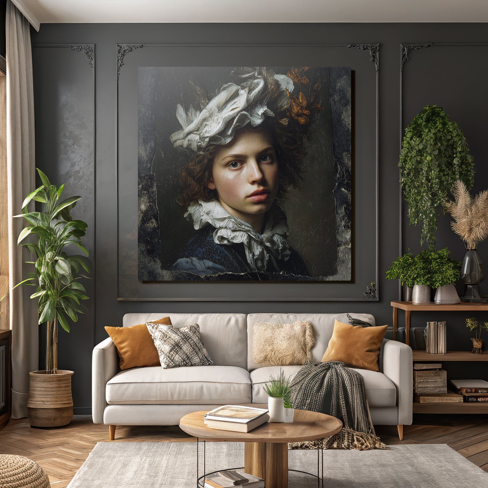 Young Person with Curly Hair and Decorative Headdress Portrait