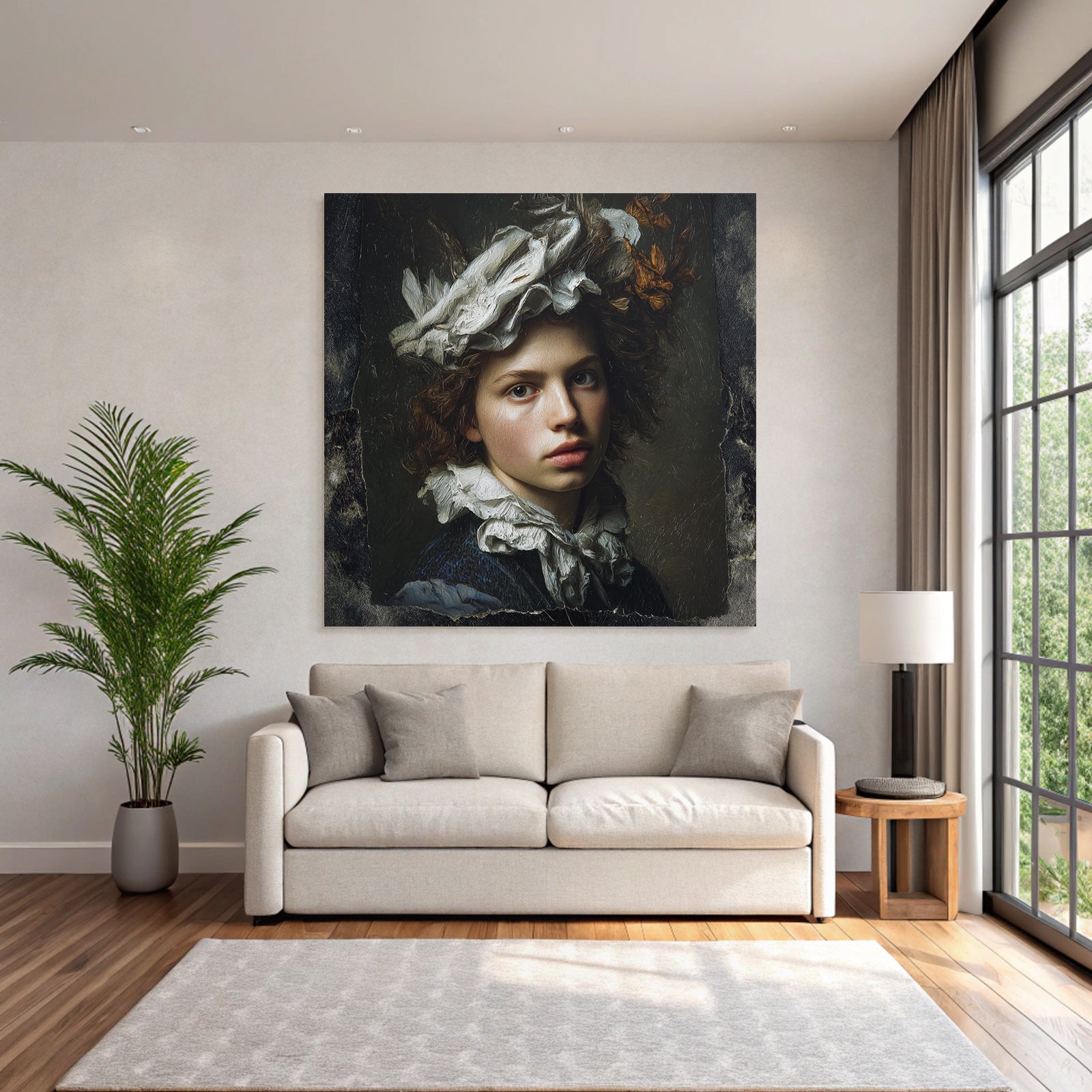Young Person with Curly Hair and Decorative Headdress Portrait