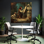 Young artist paints in overgrown room with dog and sculptures