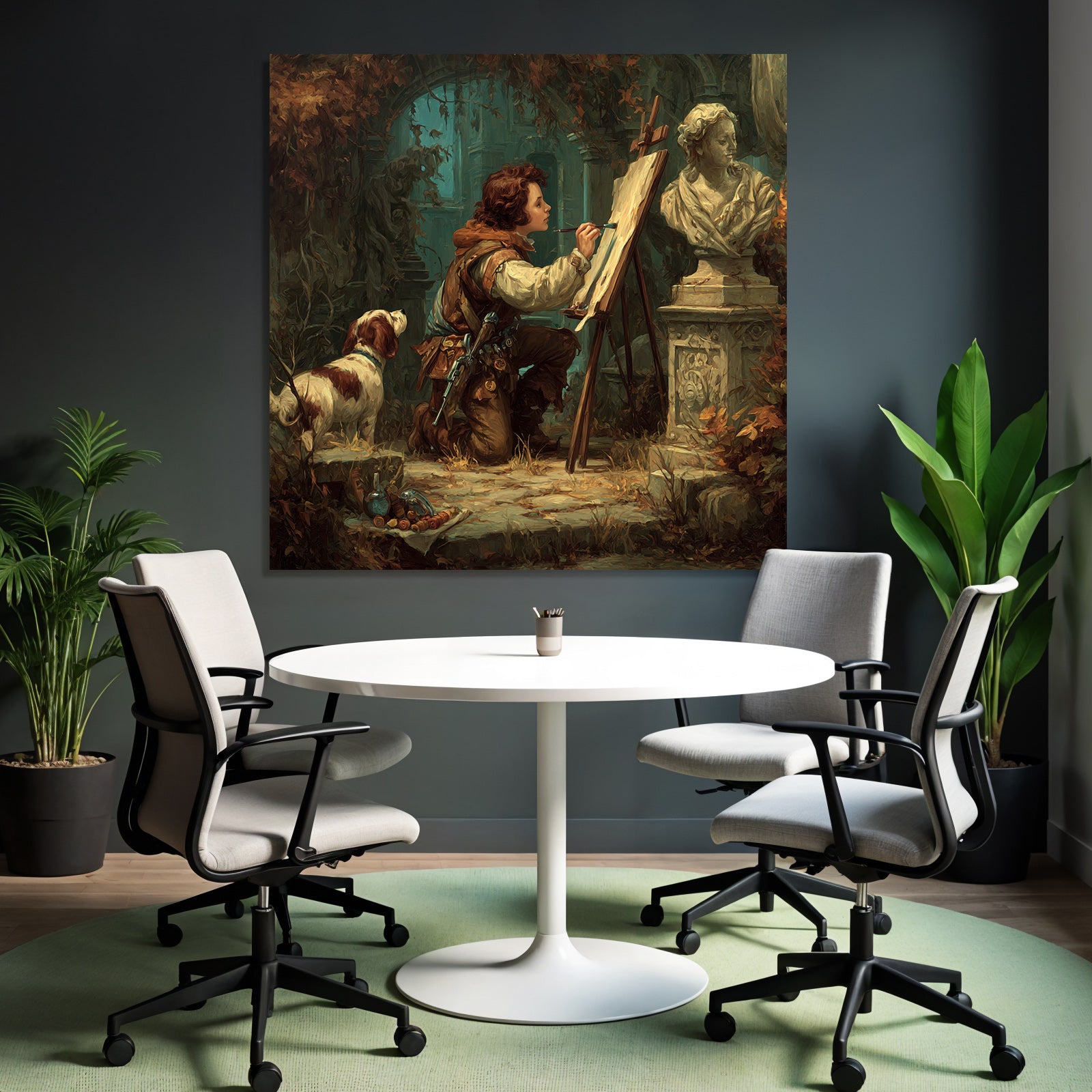 Young artist paints in overgrown room with dog and sculptures