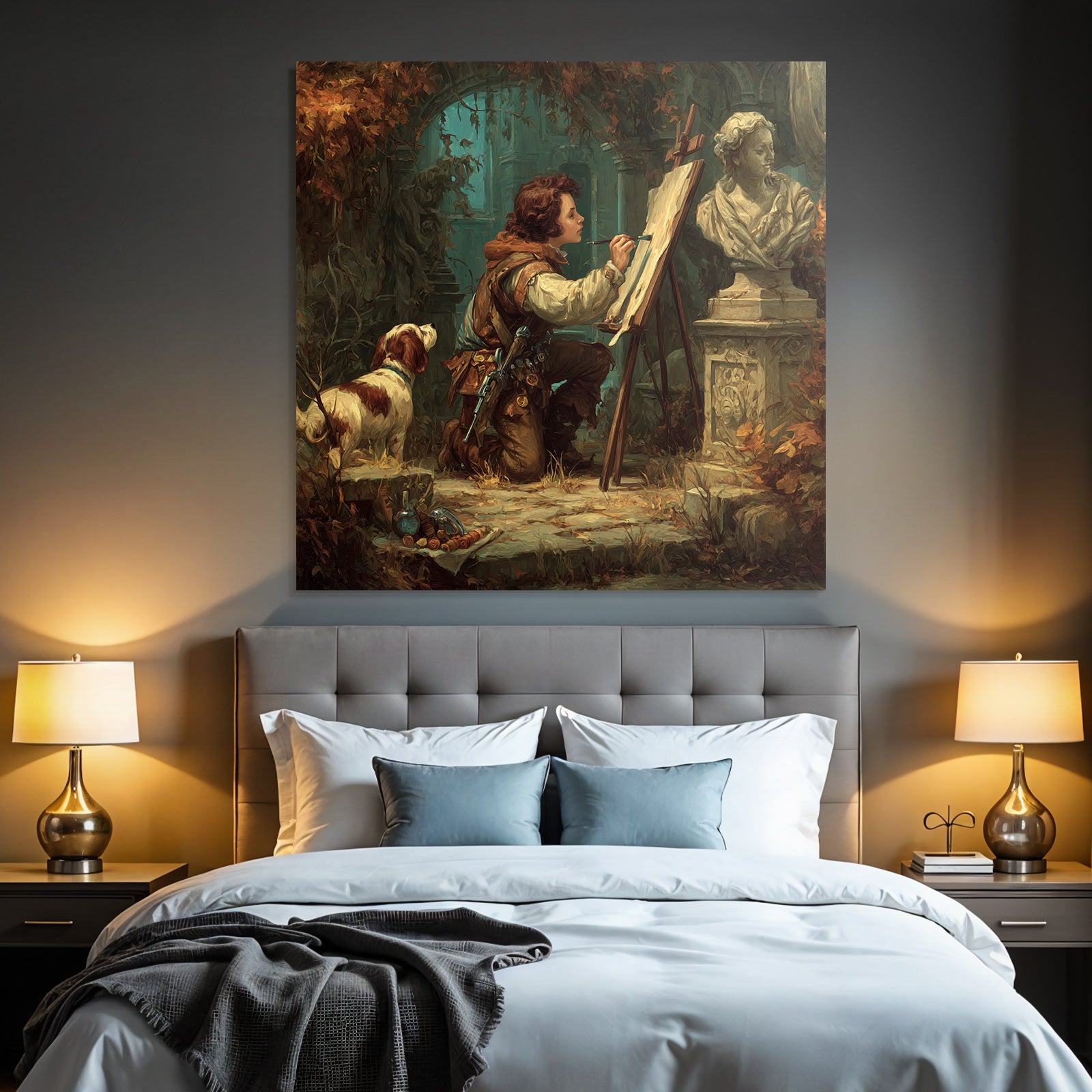 Young artist paints in overgrown room with dog and sculptures